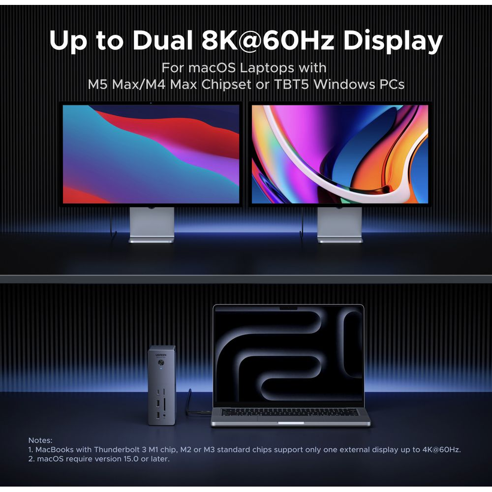 Zwei Monitore und ein Laptop mit Dockingstation zeigen die Unterstützung für Dual-8K-Displays.