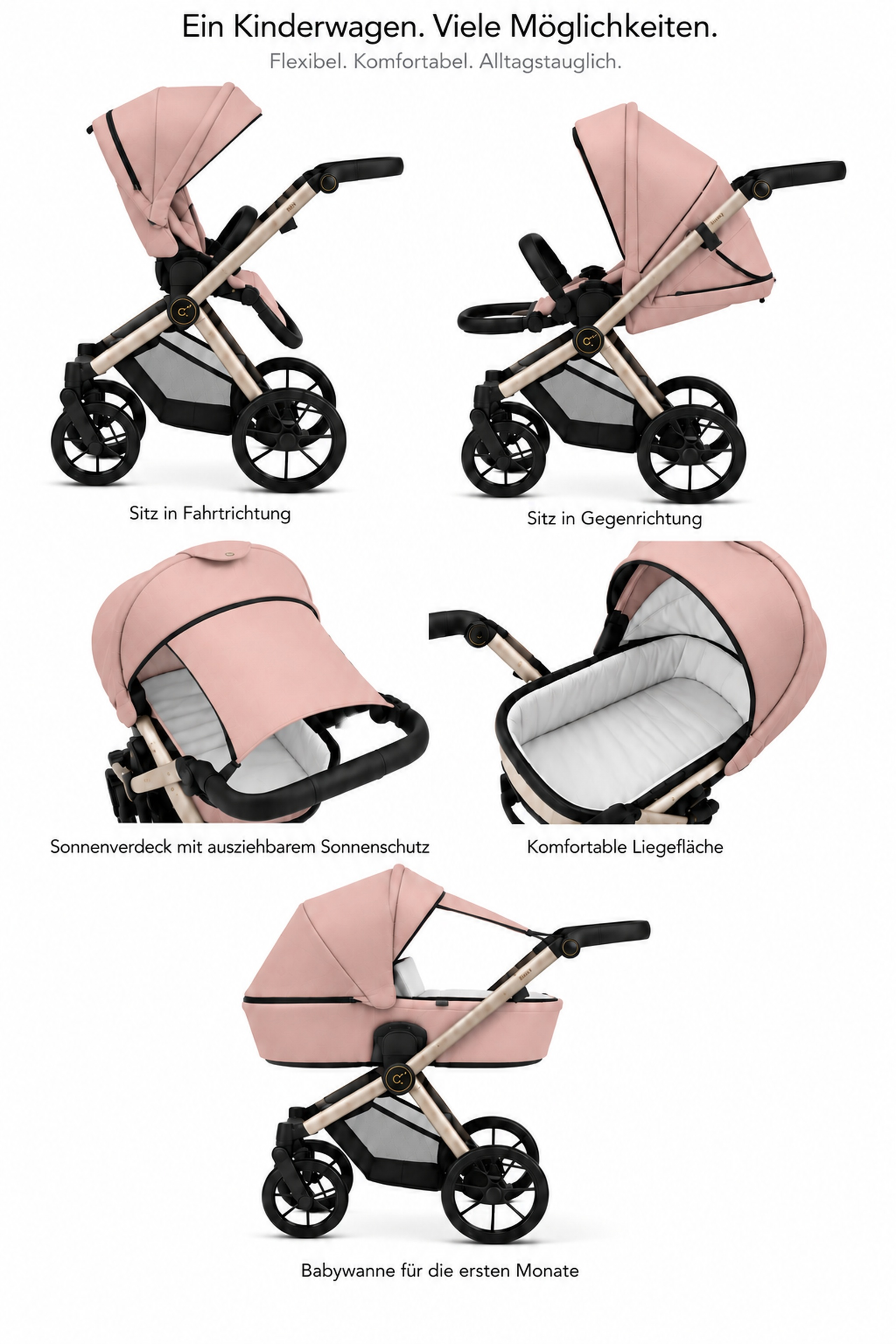 Rosa Kinderwagen in verschiedenen Konfigurationen mit Sitz und Babywanne auf weißem Hintergrund.