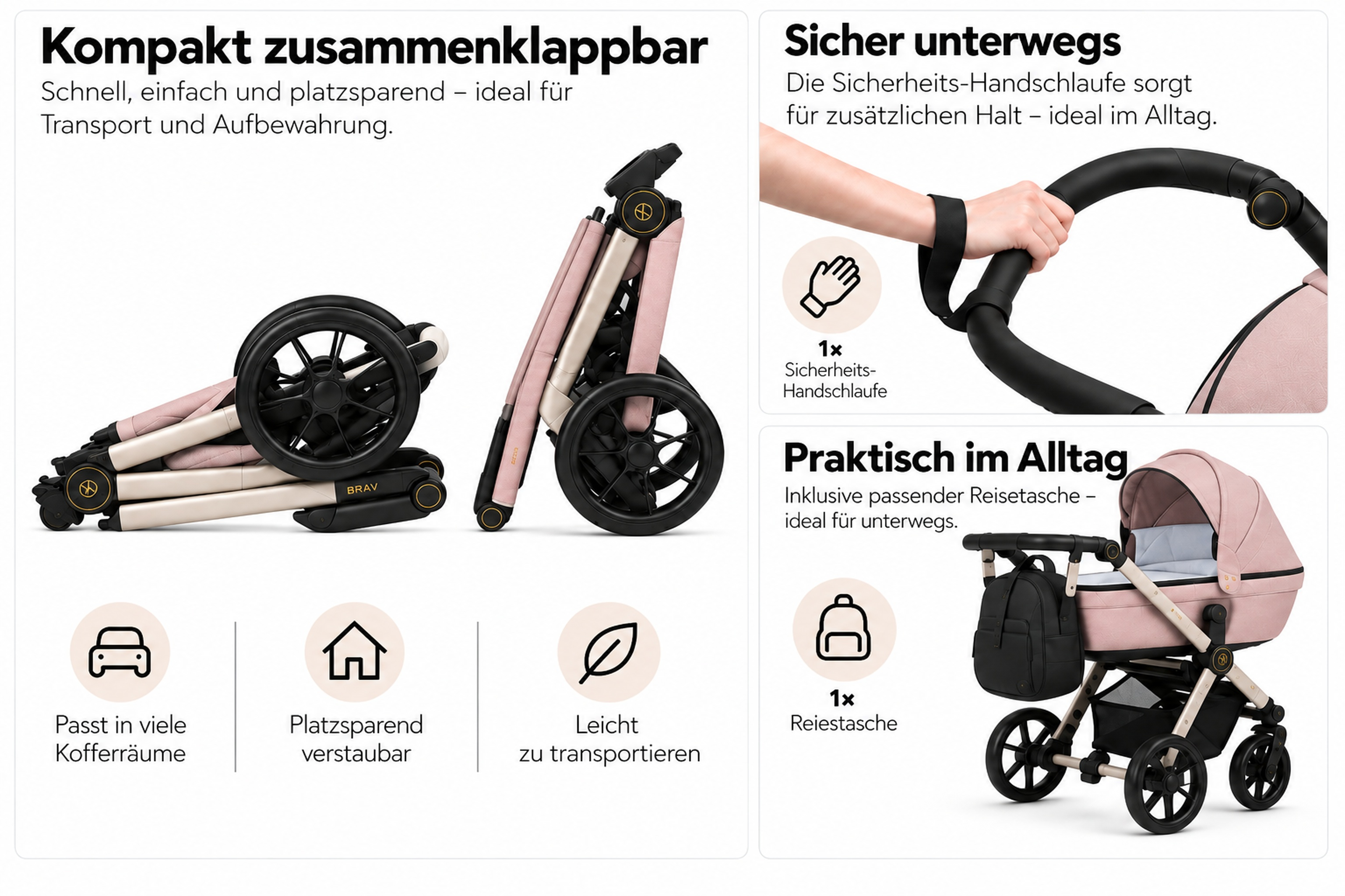 Pinker Kinderwagen mit Zubehör, kompakt klappbar, leicht zu transportieren und ideal für den Alltag.