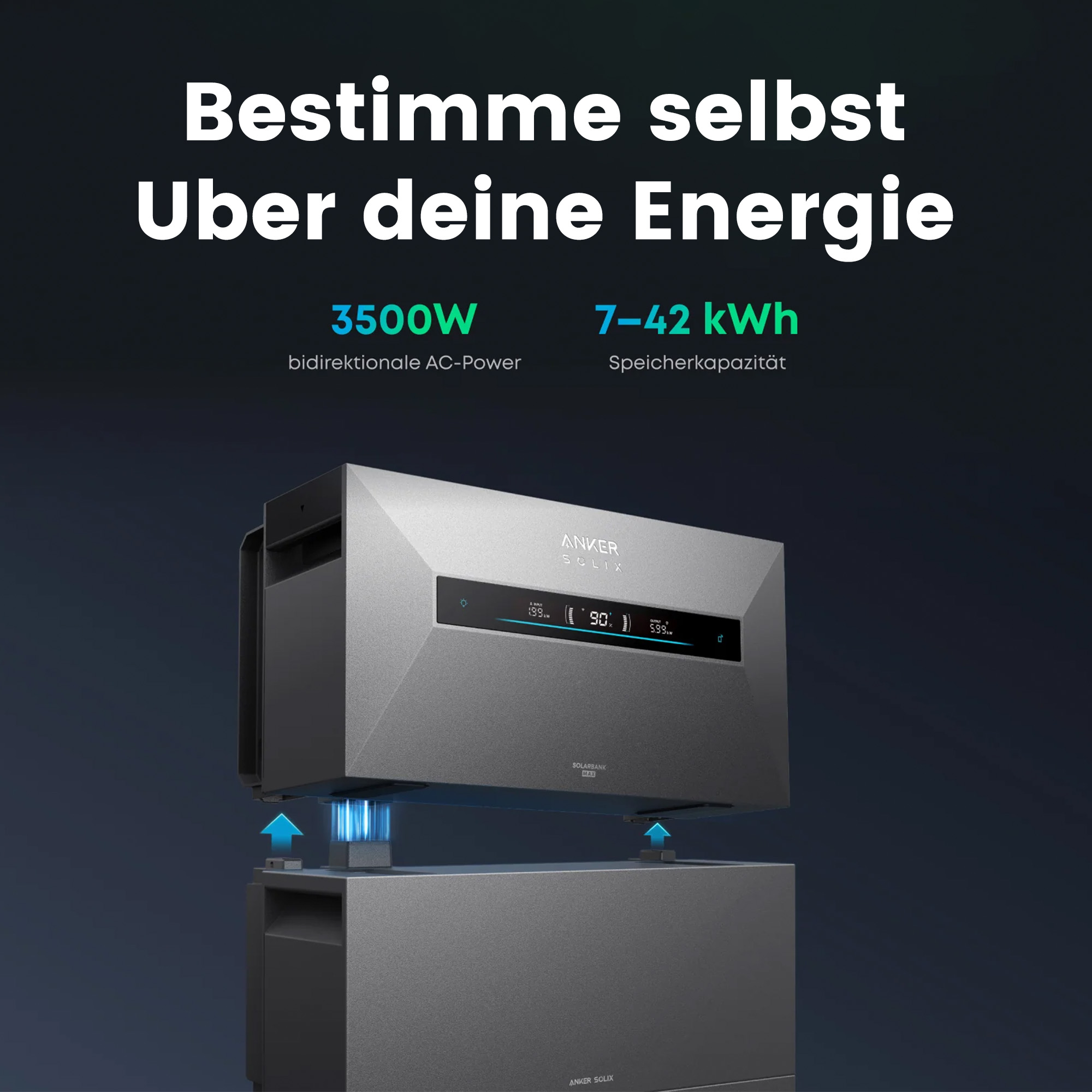 Graue Anker Solix Powerbank mit Display, 3500W Leistung und bis zu 42 kWh Speicherkapazität.