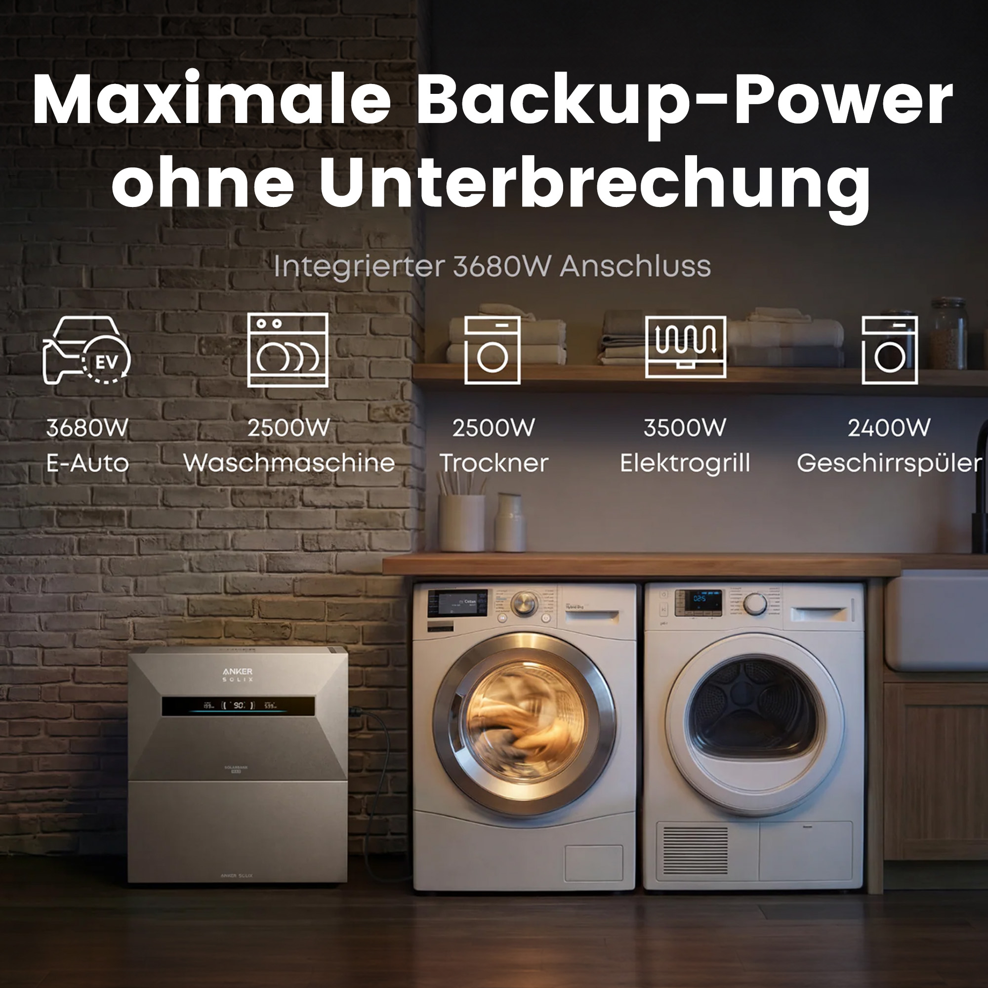 Anker Solix Backup-Power-Gerät mit Waschmaschine und Trockner in einer Küche mit Backsteinwand.