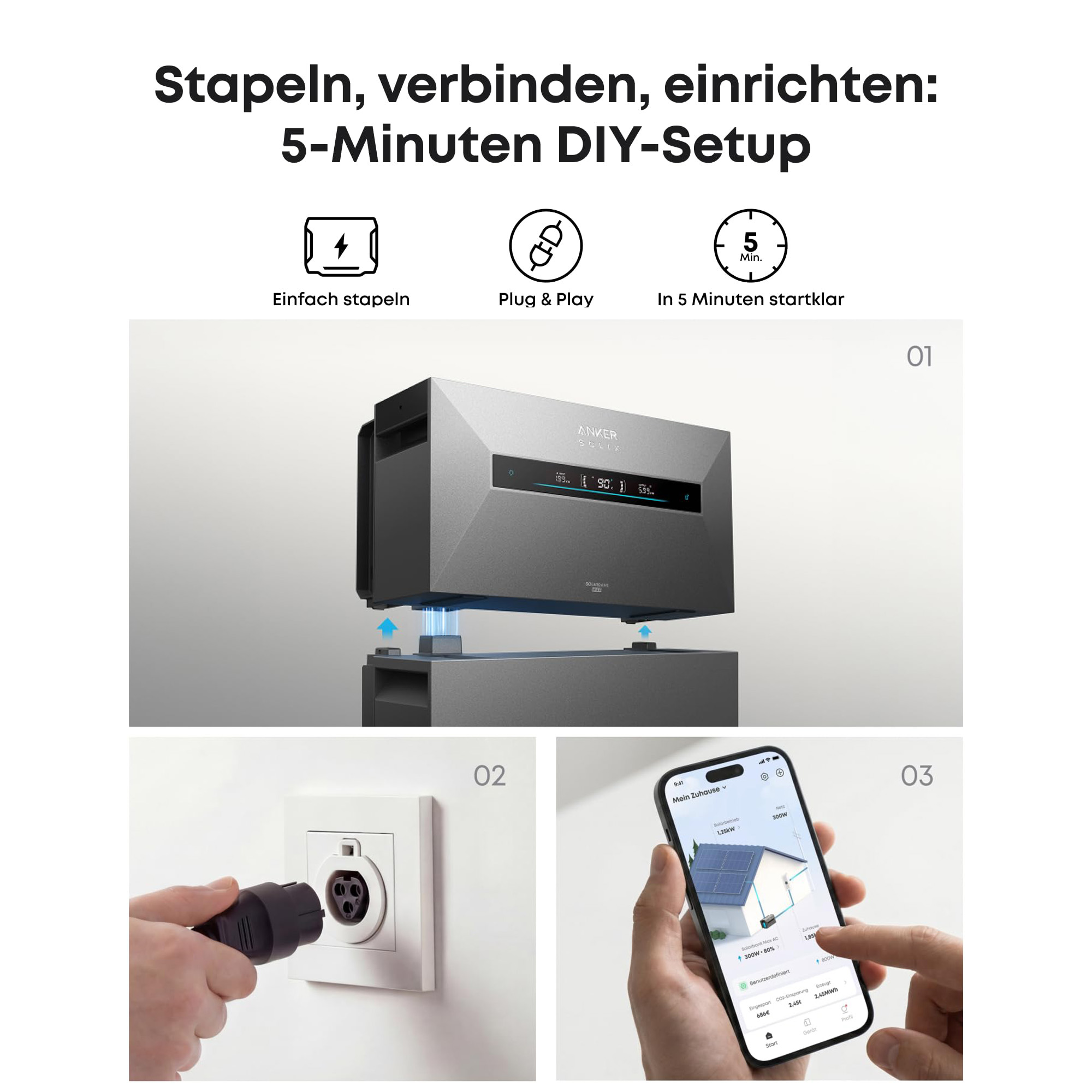 Anker Solix Anleitung für schnelles Stapeln, Einstecken und Einrichten über die App.