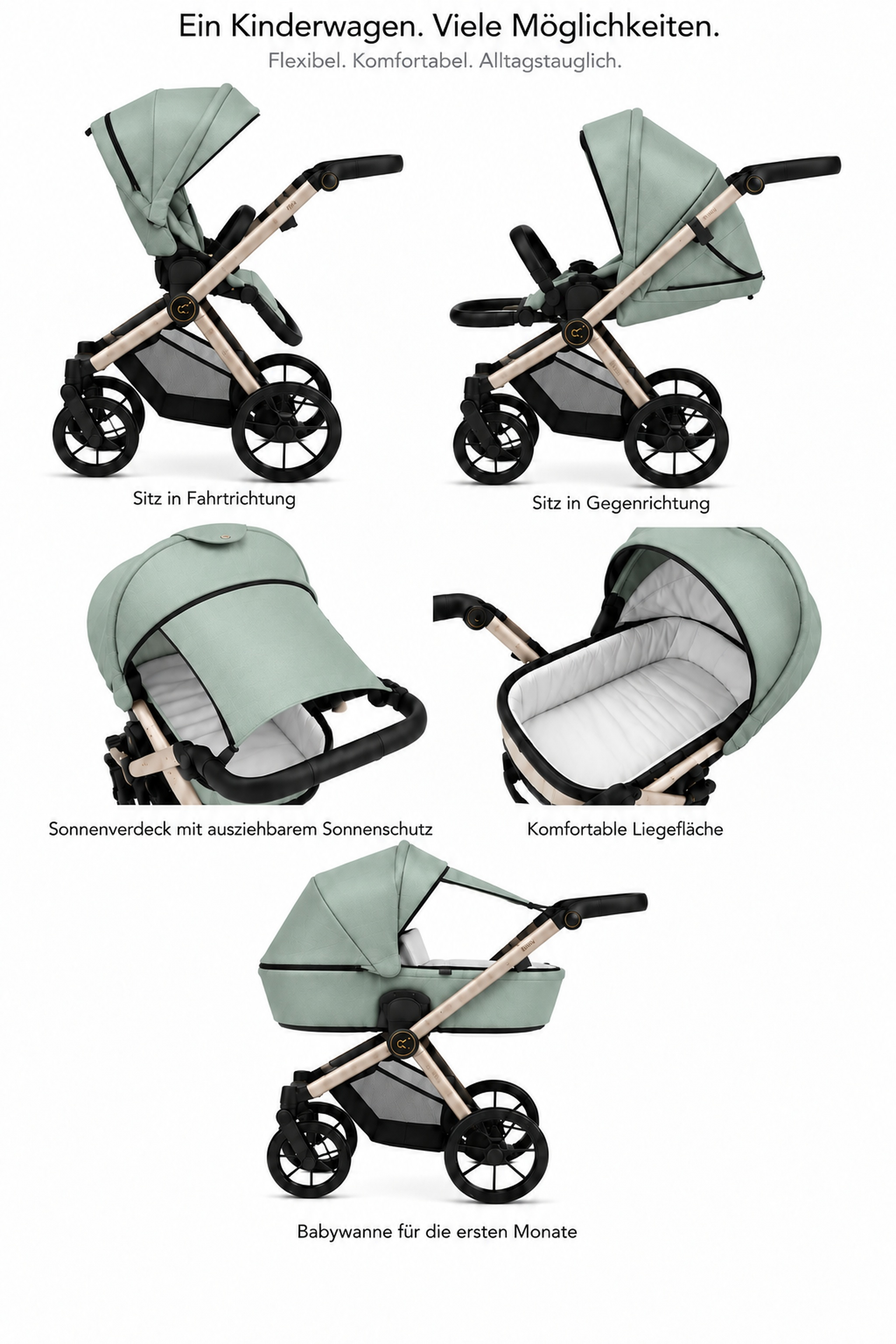 Fünf Bilder eines salbeigrünen Kinderwagens mit verstellbarem Sitz, Verdeck und Babywanne.