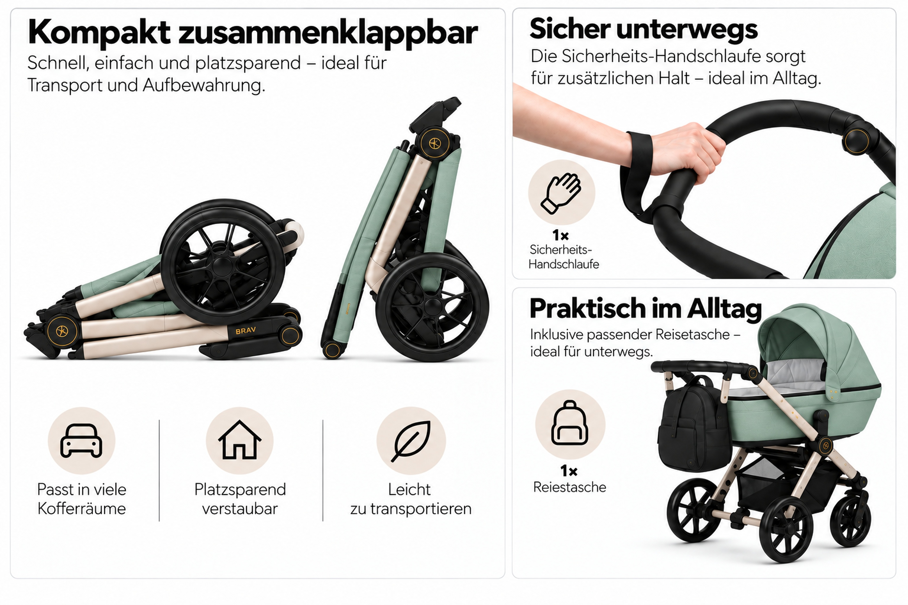 Ein faltbarer, mintgrüner Kinderwagen mit Zubehör, Sicherheitsgurt und Icons für die Tragbarkeit.