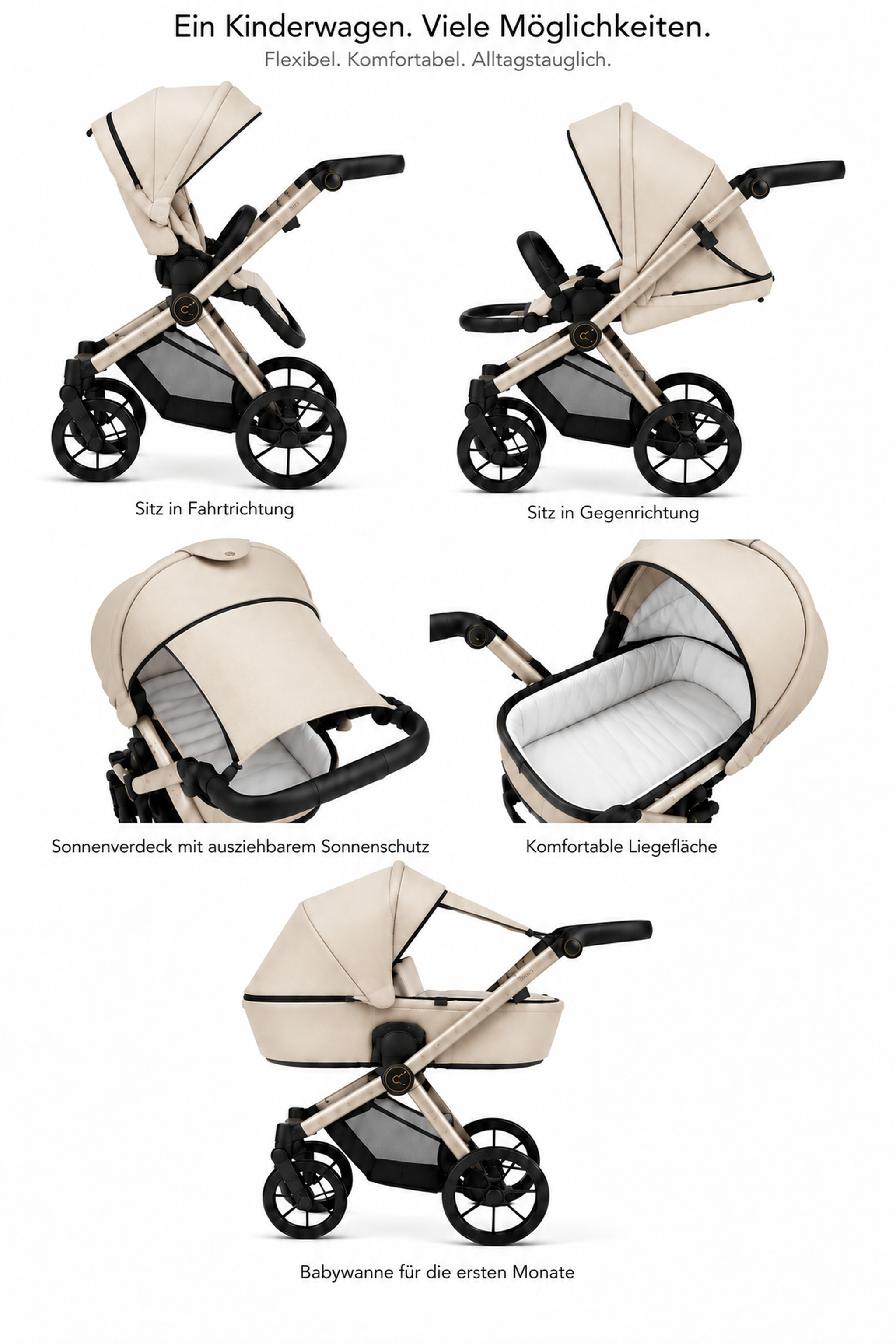 Verschiedene Ansichten eines beige-schwarzen Kinderwagens mit verstellbarem Sitz, Sonnenverdeck und Babywanne.