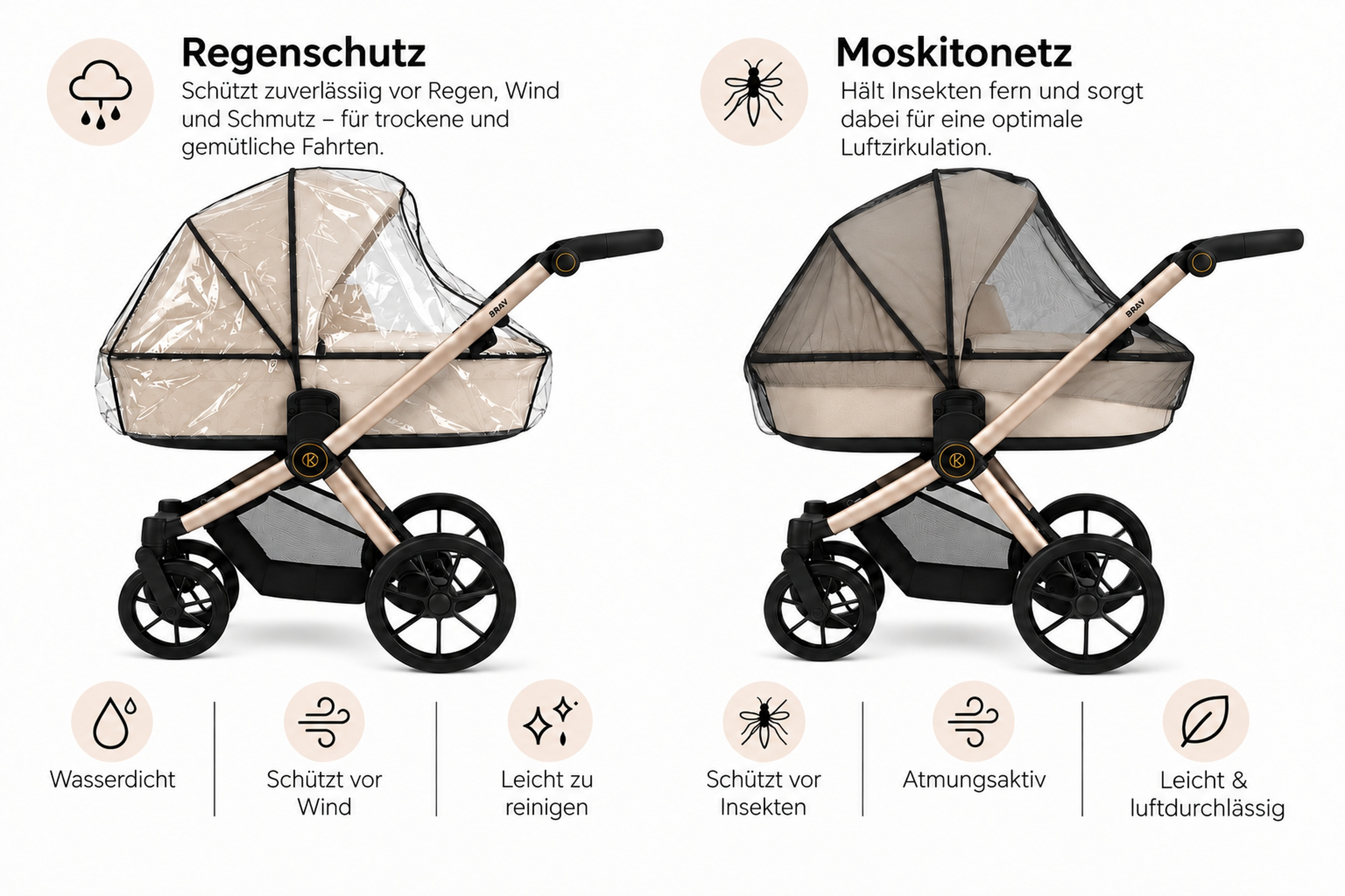 Kinderwagen mit Regenschutz und Moskitonetz, Goldrahmen, schwarze Räder, Produktvergleich.