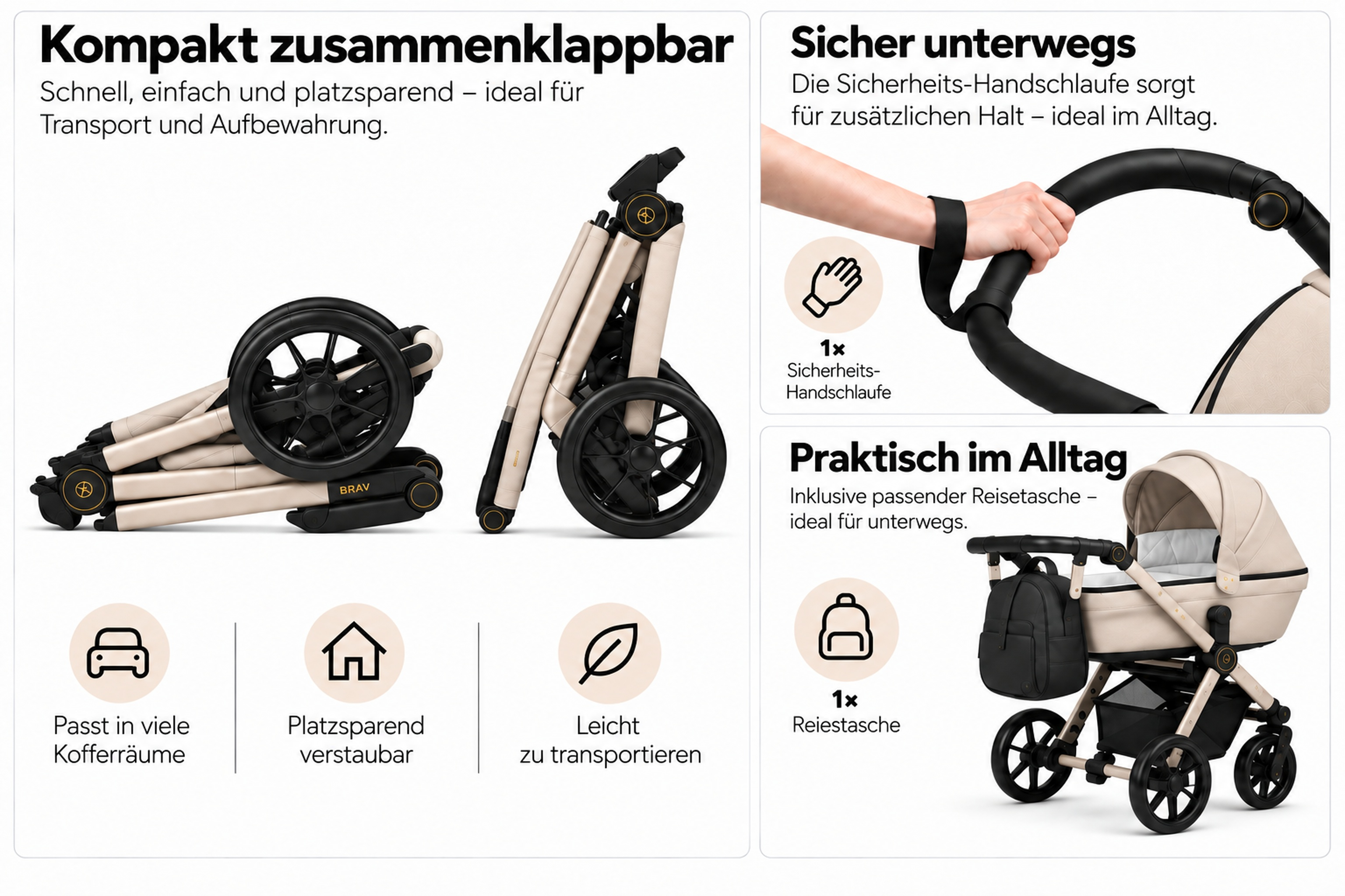 Infografik zeigt einen kompakten, zusammenklappbaren Kinderwagen in Beige mit Zubehör und Texten.
