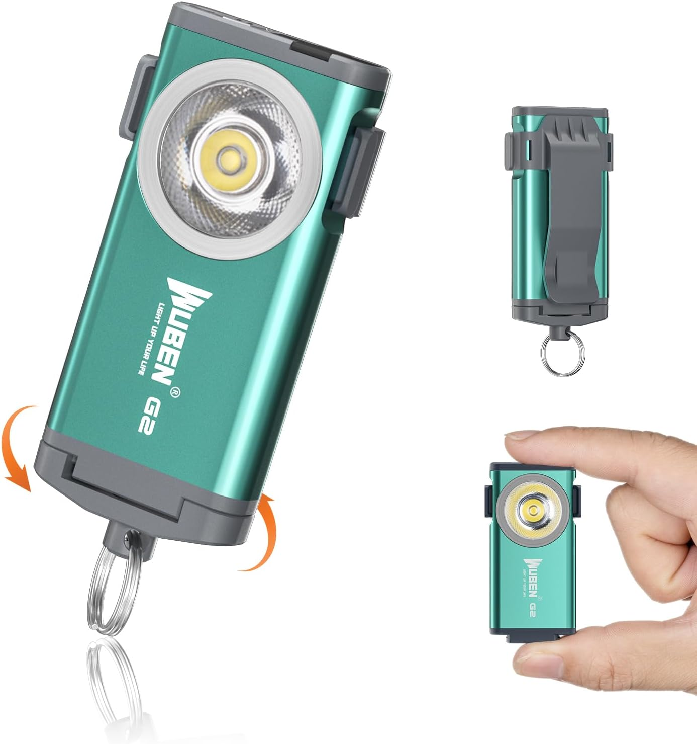 Kleine grüne Wuben G2 LED-Taschenlampe mit Schlüsselring, gezeigt aus verschiedenen Blickwinkeln.