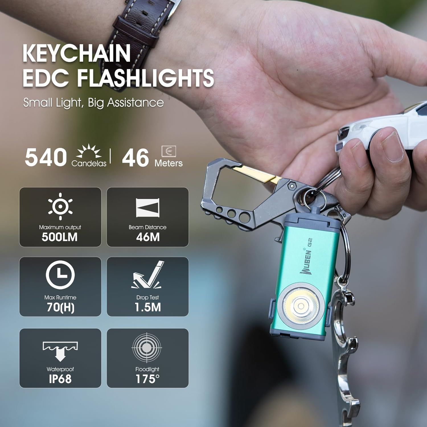 Eine Hand hält einen Schlüsselbund mit kleiner grüner Taschenlampe und Leistungsdaten wie 500 Lumen und IP68.