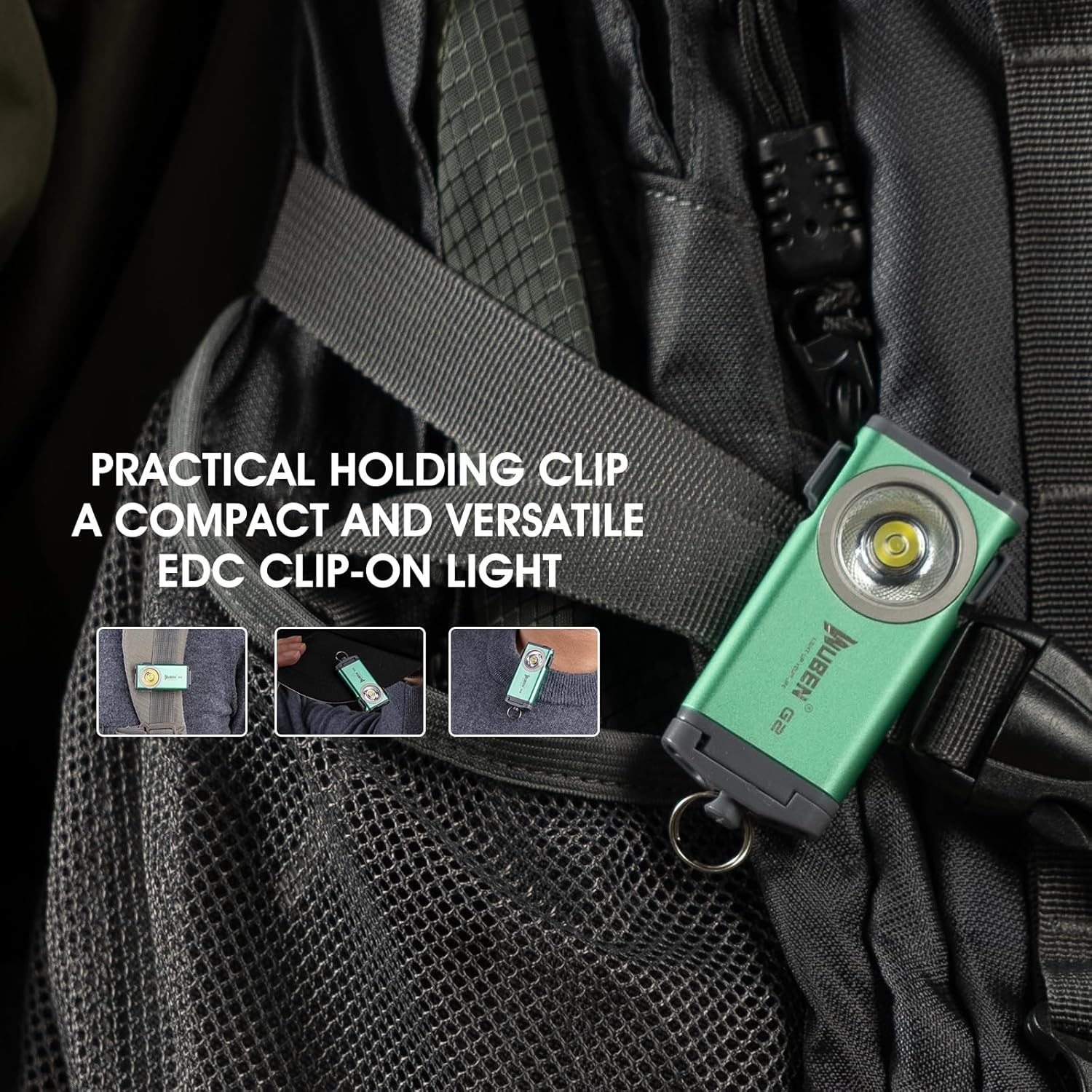 Eine grüne Nuben G2 EDC-Taschenlampe ist an einem Rucksackgurt befestigt.