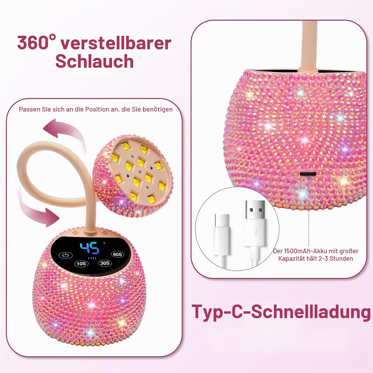 Pinker, strassbesetzter Nagellacktrockner mit biegsamem Hals und USB-C-Anschluss.