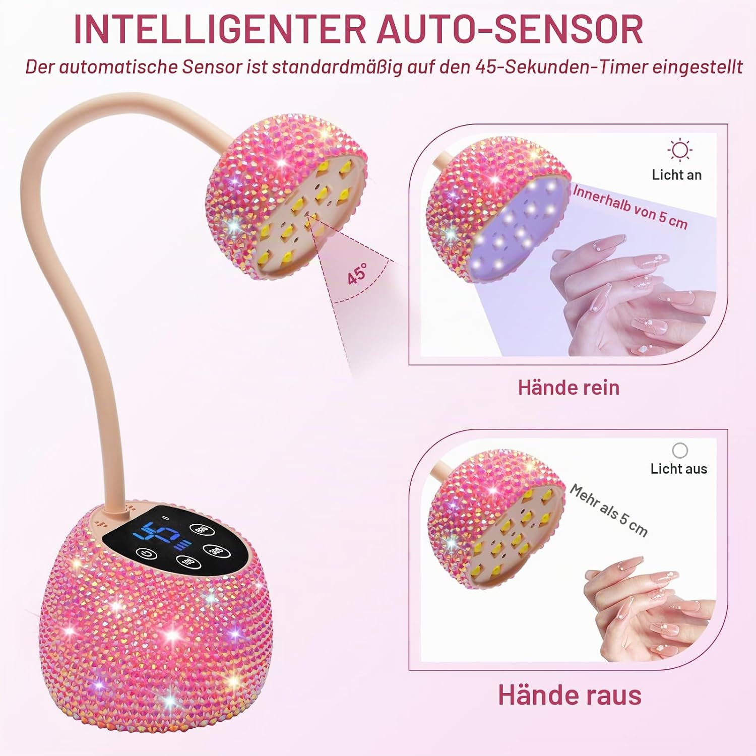 Rosa, glitzernde Nagellampe mit flexiblem Hals und automatischem Sensor für die Handerkennung.