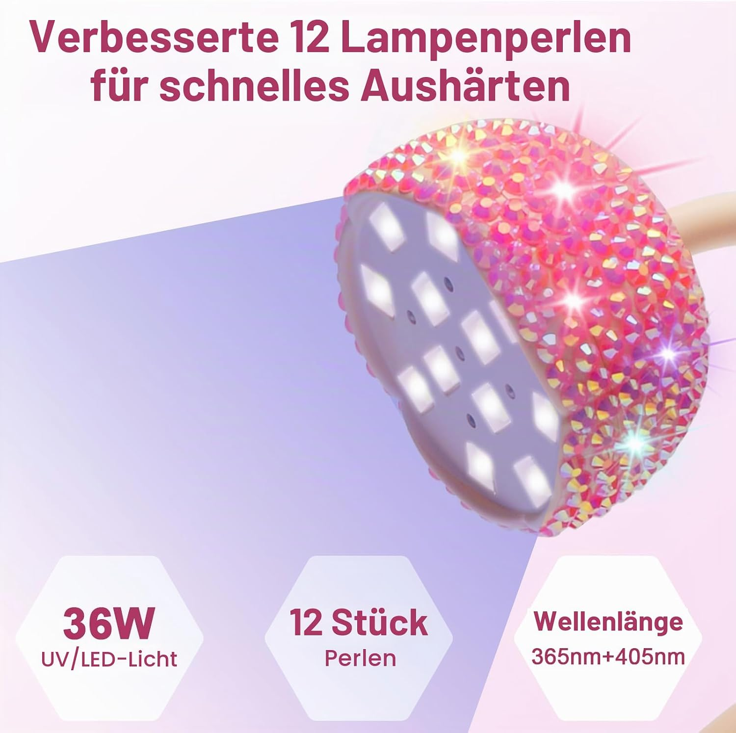Glitzernde rosa UV/LED-Nagellampe mit 12 Leuchtperlen, 36W und Textoverlays auf hellem Hintergrund.