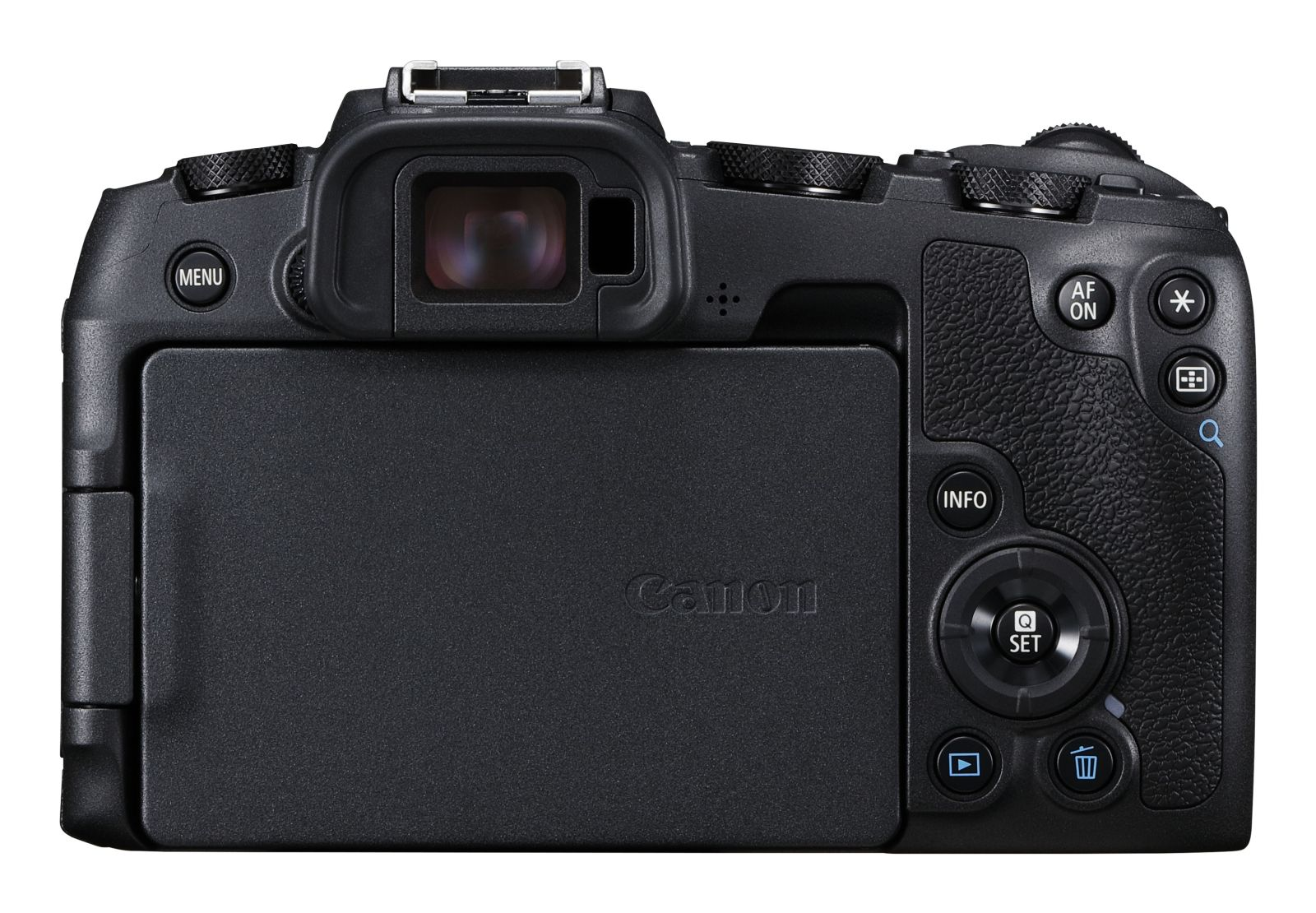 Rückseite einer schwarzen Canon-Digitalkamera mit geschlossenem LCD-Bildschirm und Bedienelementen.