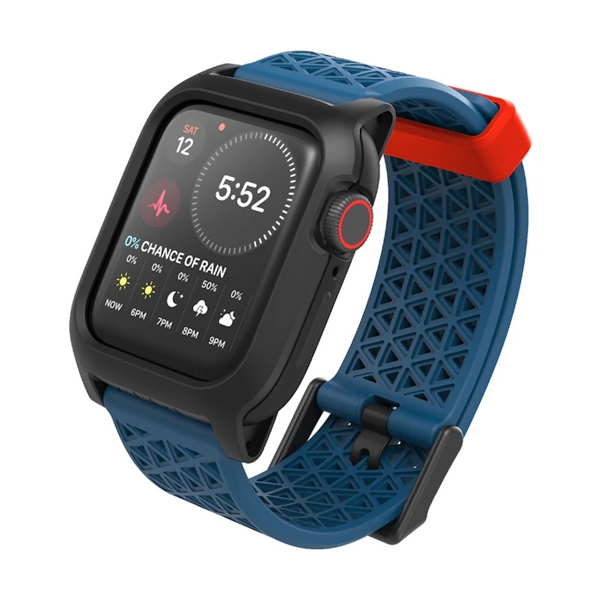 Schwarze Smartwatch im Gehäuse, mit blauem Band, roter Schlaufe und digitalem Zifferblatt auf weißem Hintergrund.