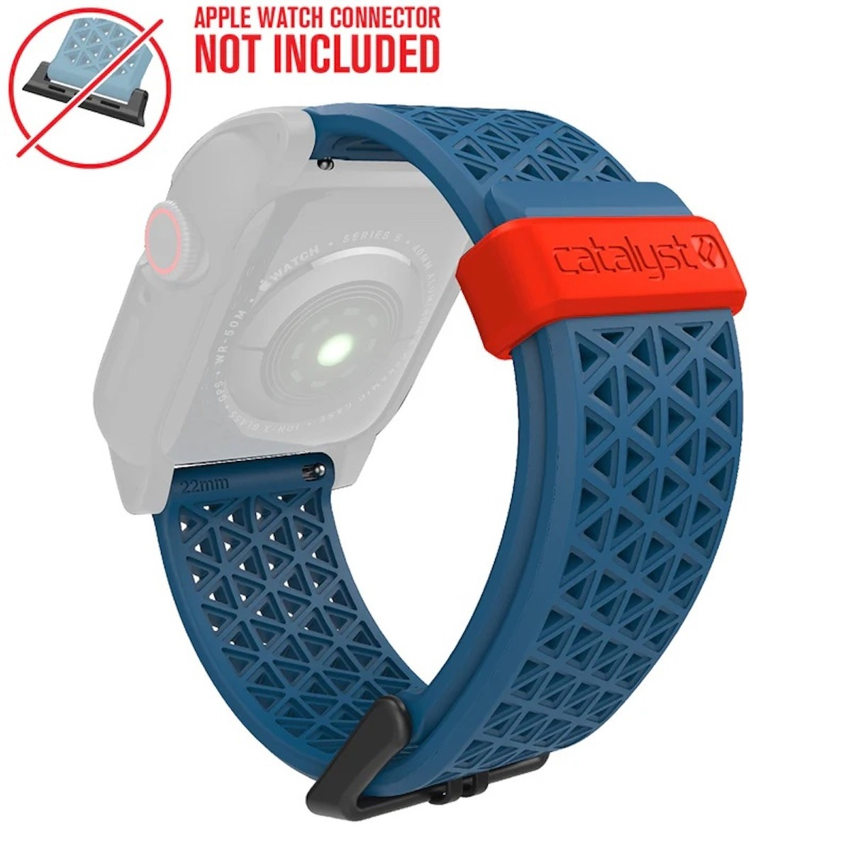 Blaues Silikon-Uhrenarmband mit roter Catalyst-Schlaufe und grauem Apple-Watch-Gehäuse, Connector nicht inbegriffen.