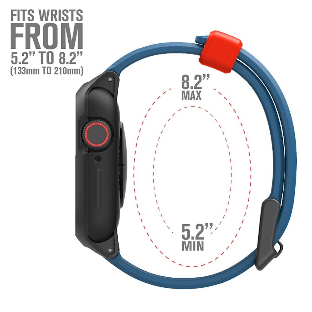 Blaue Apple Watch Hülle mit blauem Band, zeigt die Passform für Handgelenke von 5,2 bis 8,2 Zoll.