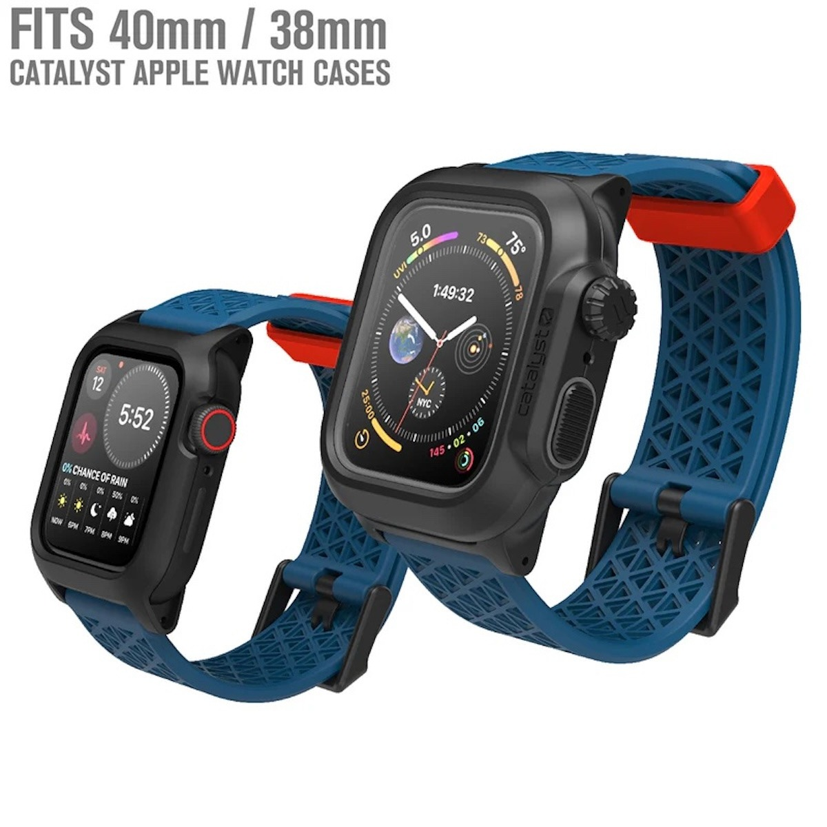 Zwei schwarze Apple Watches mit blau-roten strukturierten Armbändern und Schutzhüllen vor weißem Hintergrund.