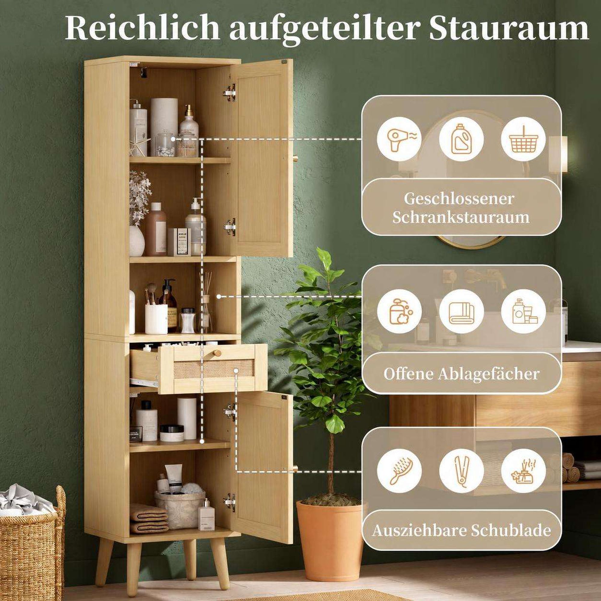 Ein heller Holzschrank mit offenen Fächern, Schublade und Schranktüren in einem grünen Raum.