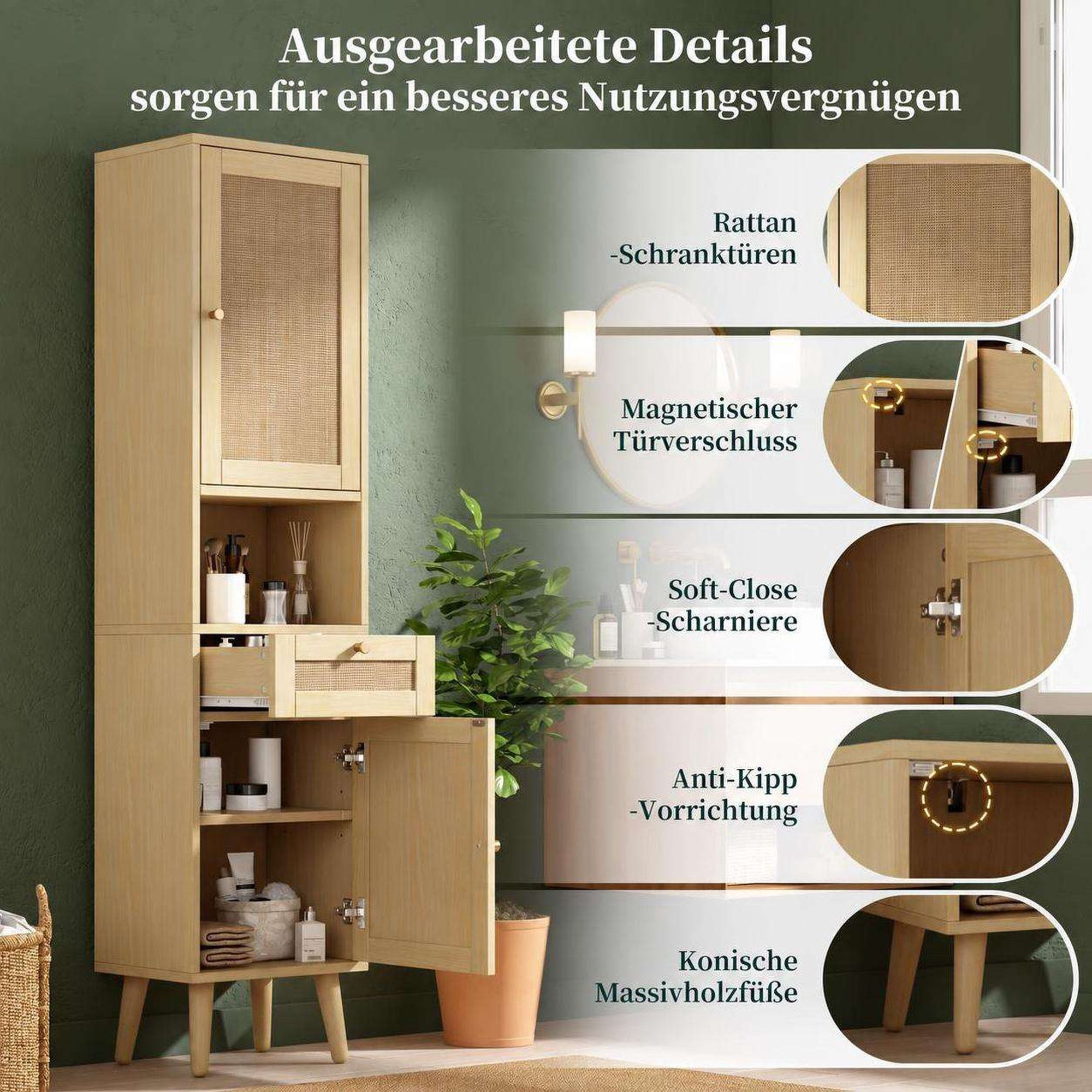 Holzschrank mit Rattan-Tür, Magnetverschluss, Soft-Close-Scharnieren, Kippschutz und Massivholzbeinen.