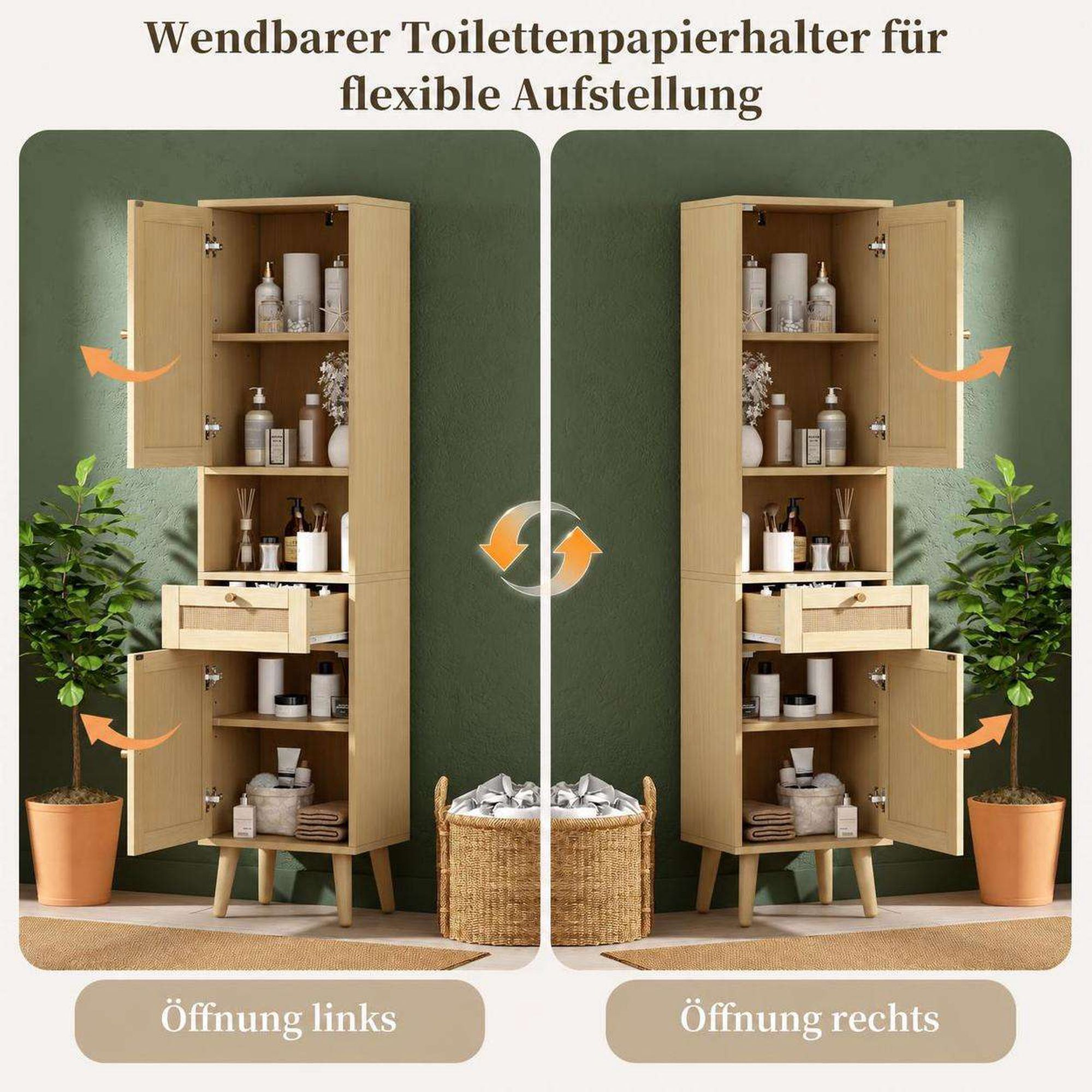 Zwei Holzsäulenschränke für das Badezimmer mit Regalen, Schubladen und Türen, die links oder rechts geöffnet werden können.