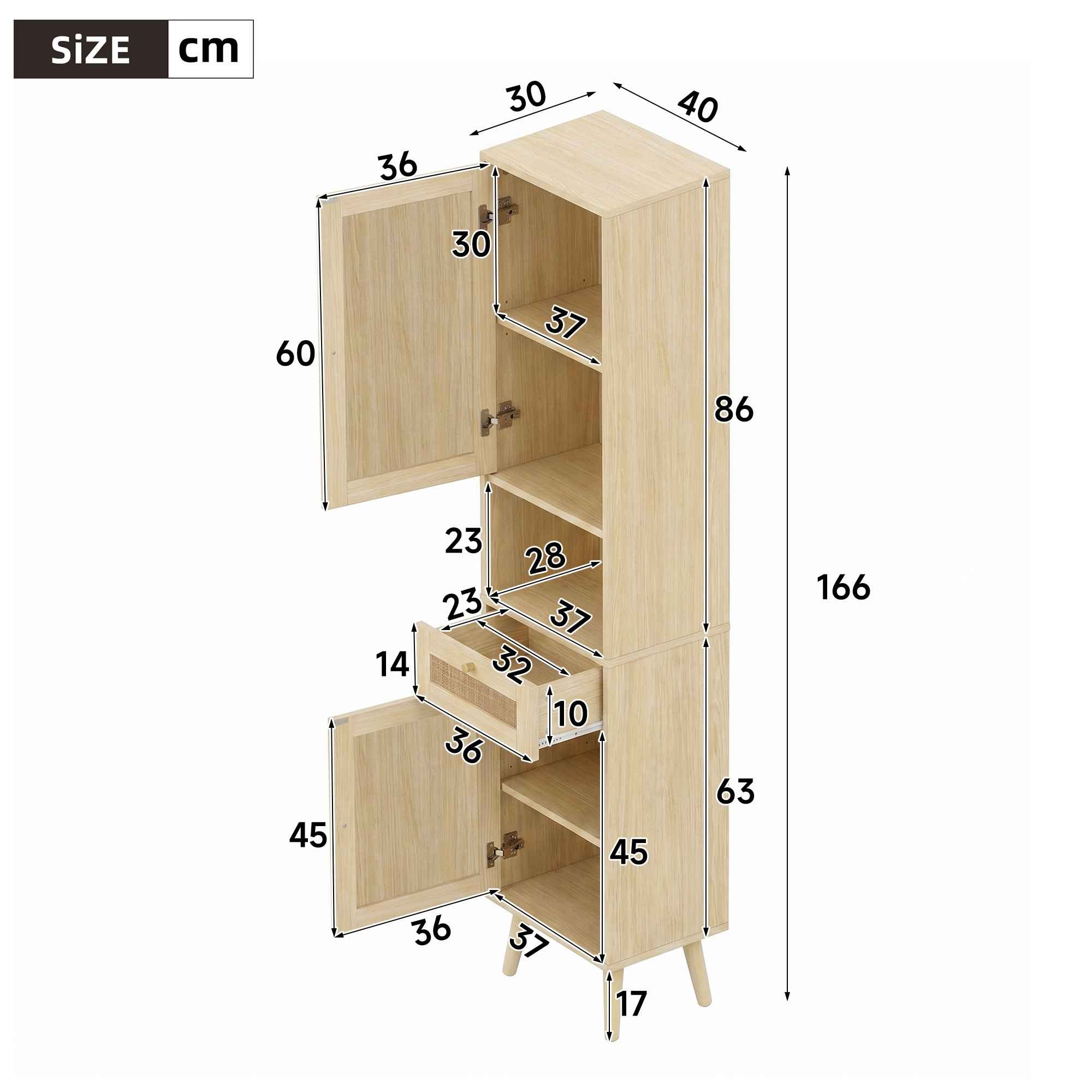 Technische Zeichnung eines hohen Holzschranks mit Maßen in Zentimetern.