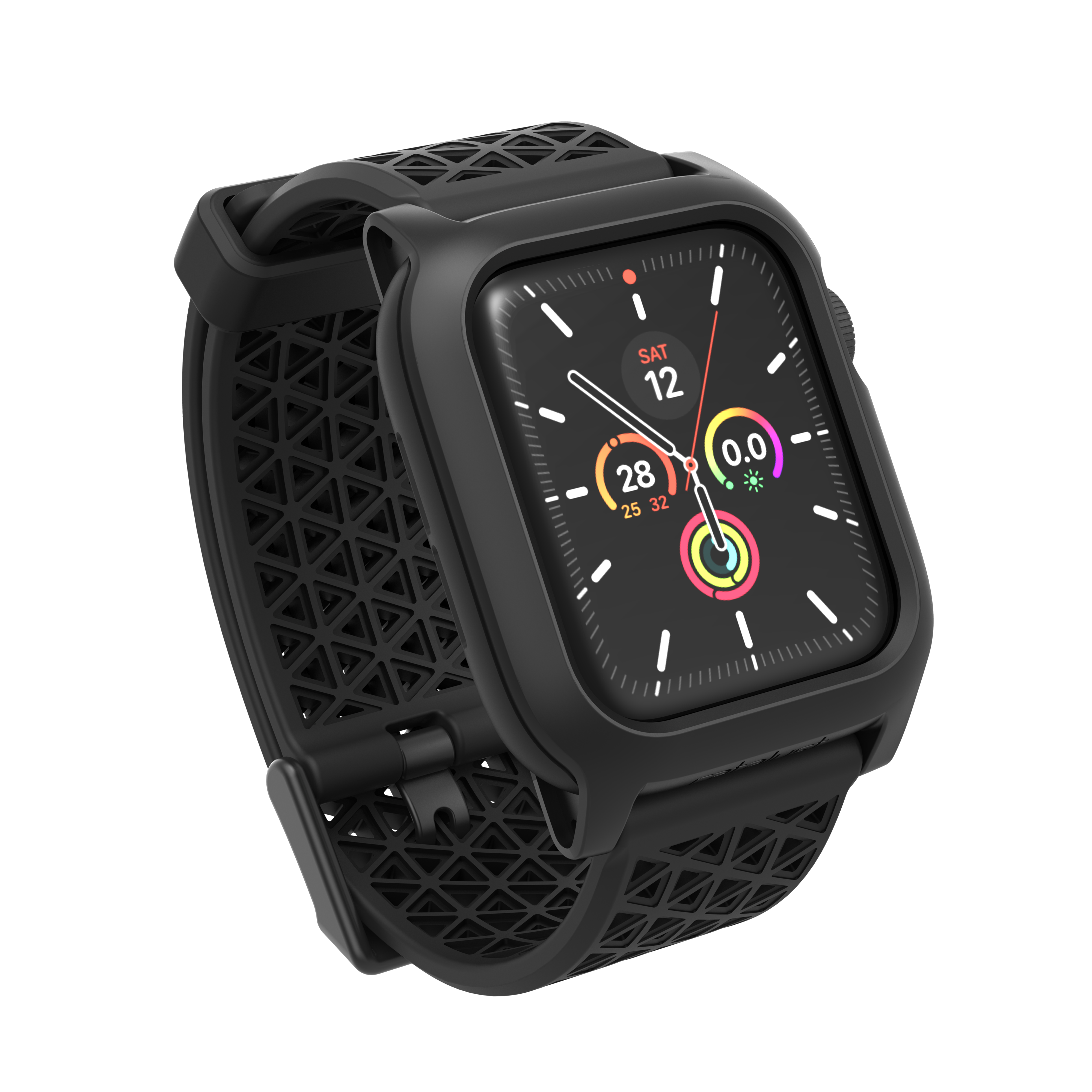Schwarze Smartwatch mit robustem Gehäuse und gemustertem Band auf schwarzem Hintergrund.