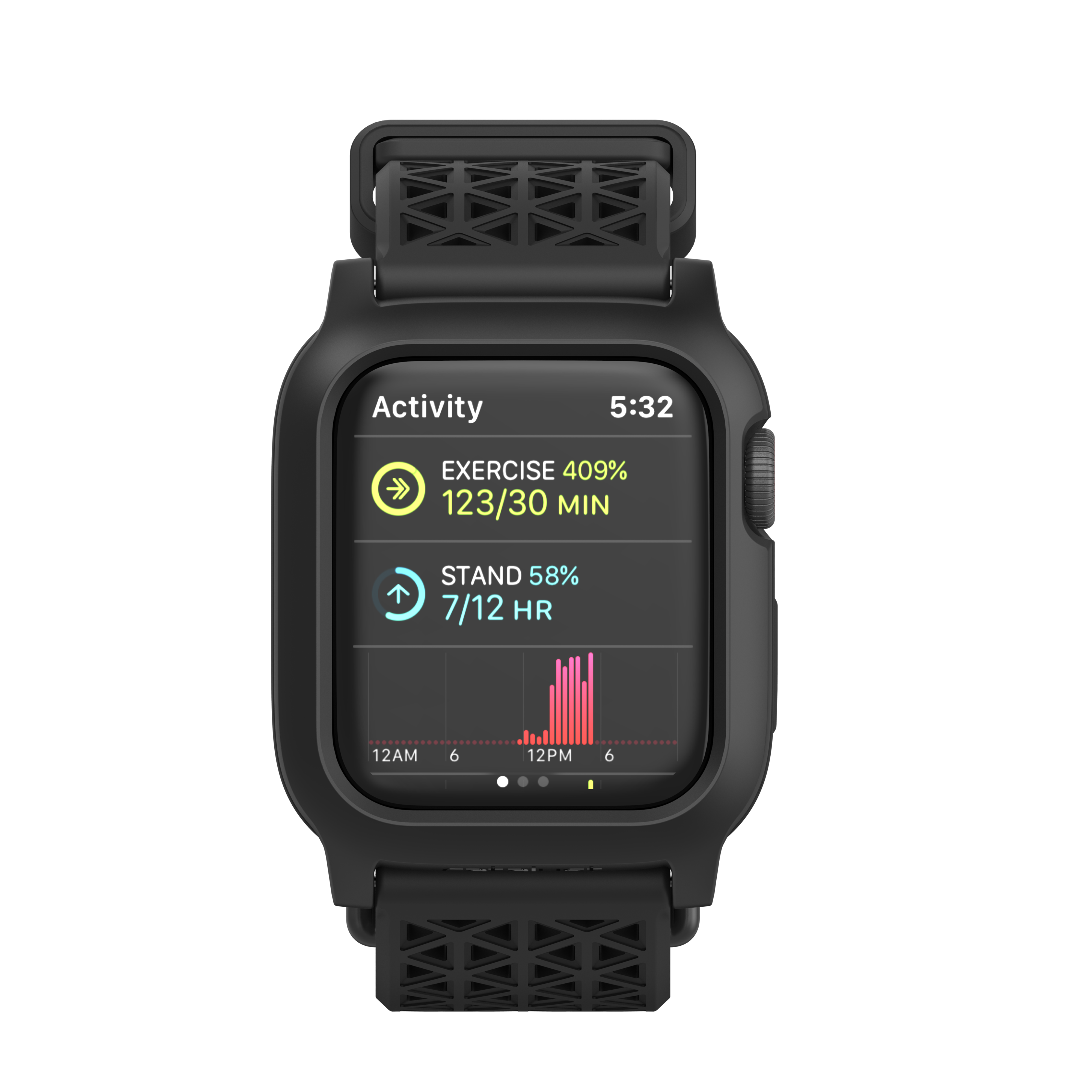 Schwarze Smartwatch mit Aktivitäts-App auf dem Display zeigt Trainings- und Stand-Statistiken gegen dunklen Hintergrund.