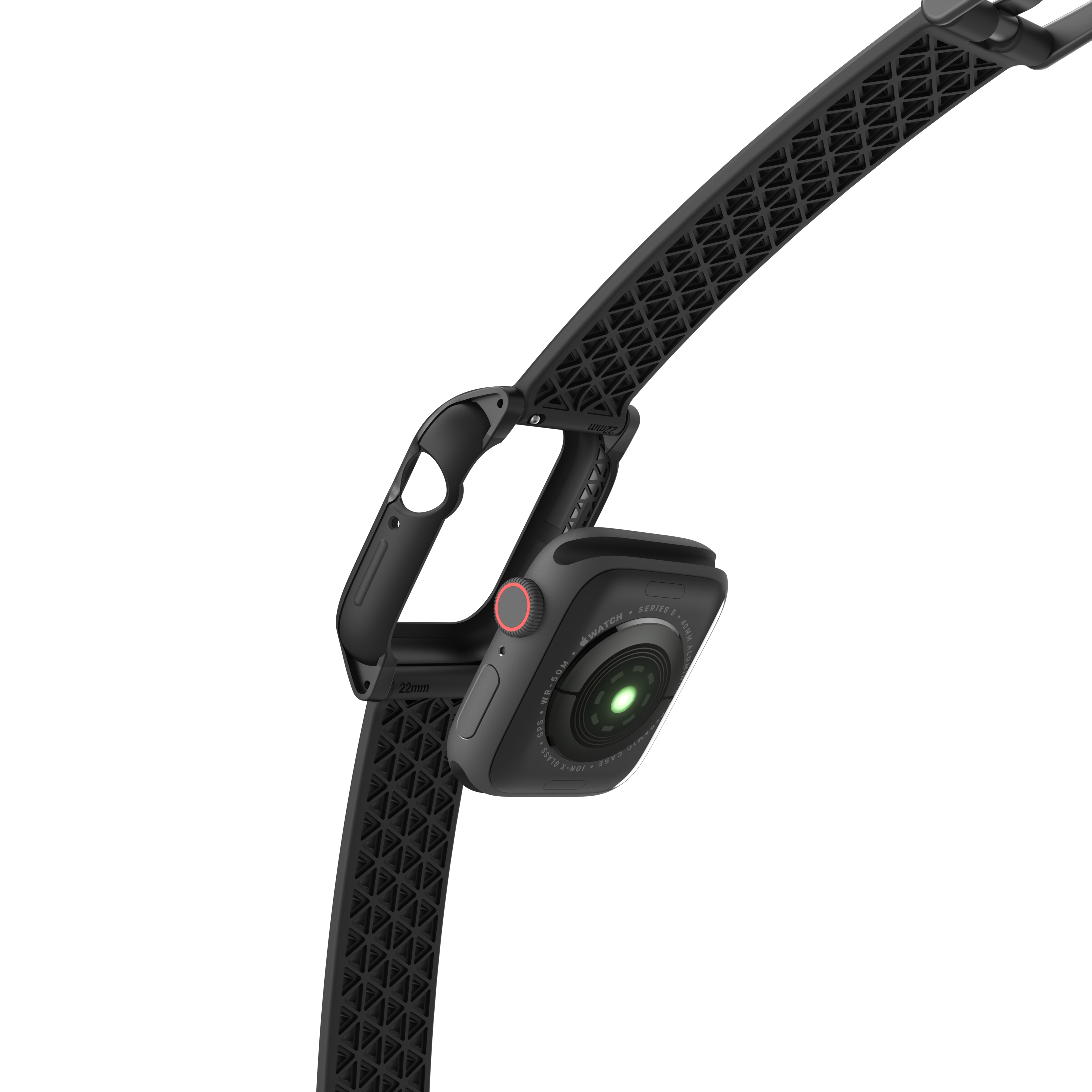 Eine schwarze Apple Watch mit strukturiertem Armband vor schwarzem Hintergrund.