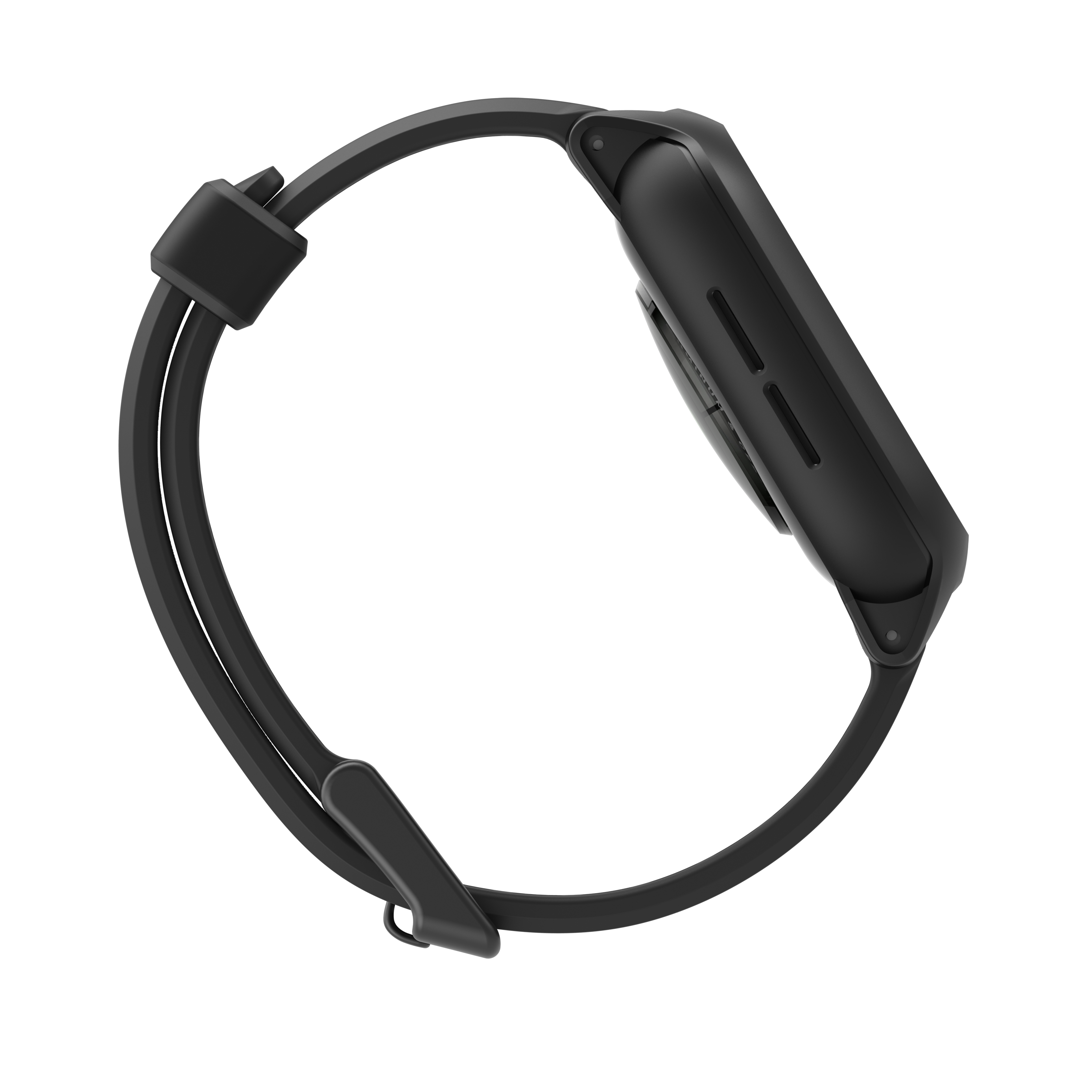 Eine schwarze Smartwatch von der Seite vor dunklem Hintergrund, Gehäuse und Armband zeigend.
