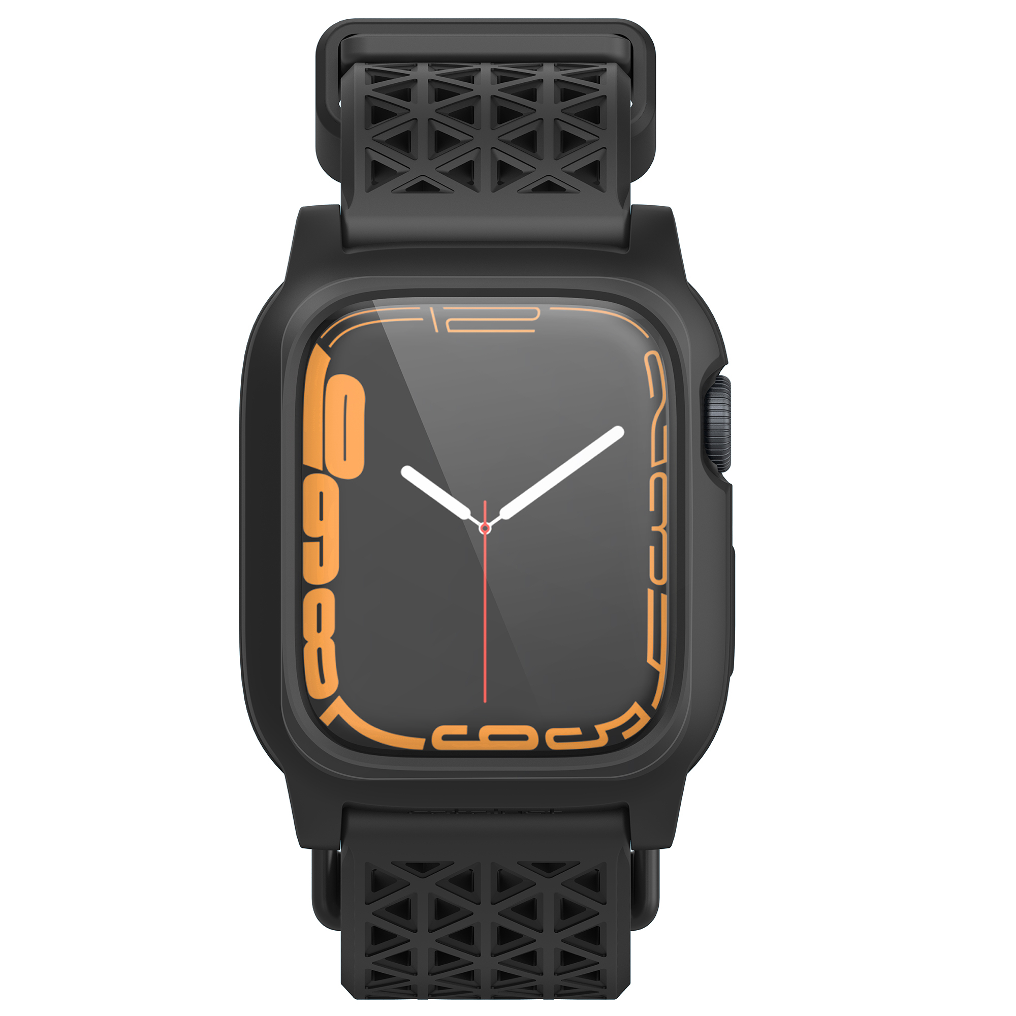 Schwarze Smartwatch mit einem geometrisch gemusterten Armband und einem orange-schwarzen Zifferblatt.
