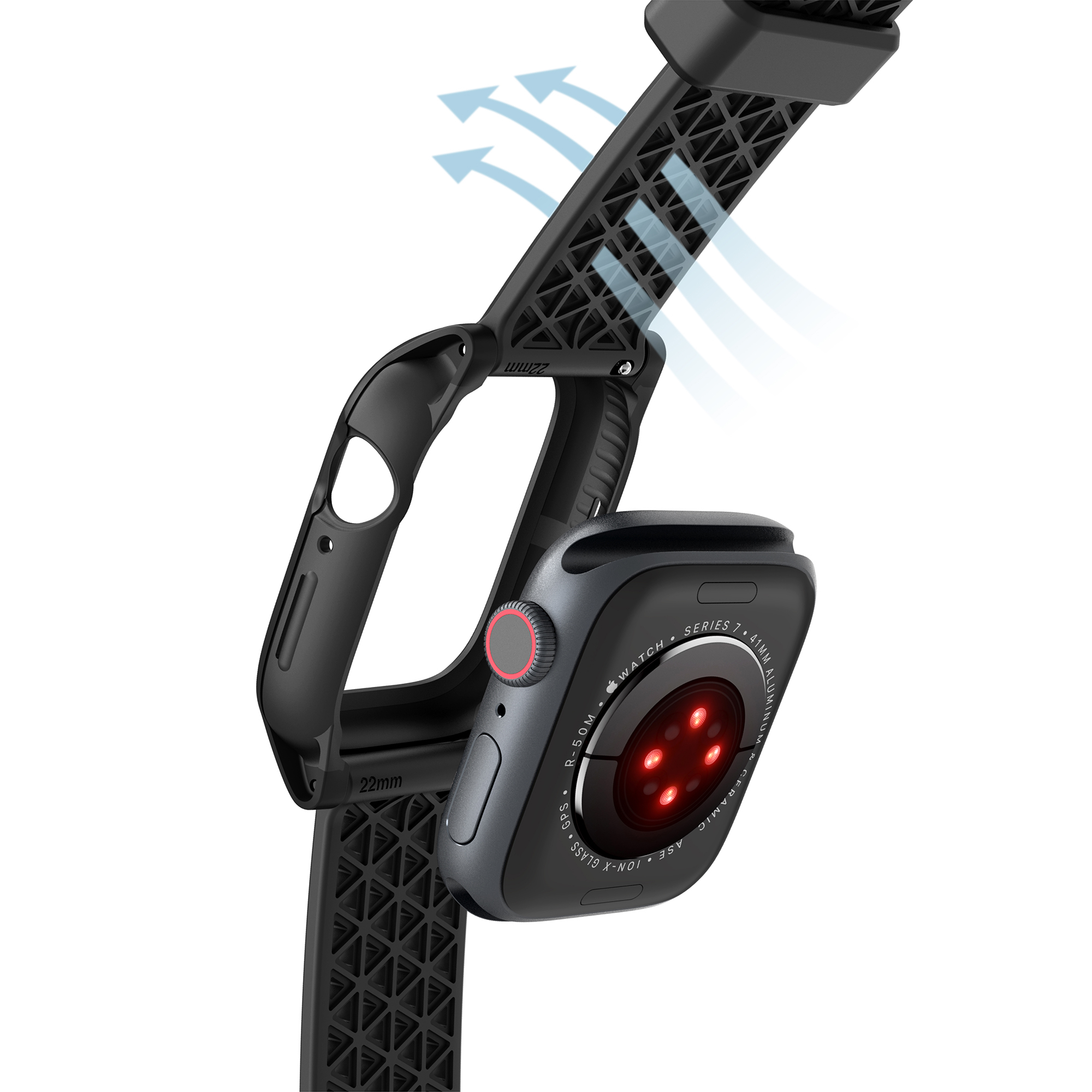 Eine schwarze Smartwatch schwebt über einer passenden Schutzhülle mit atmungsaktivem, geometrischem Armband.