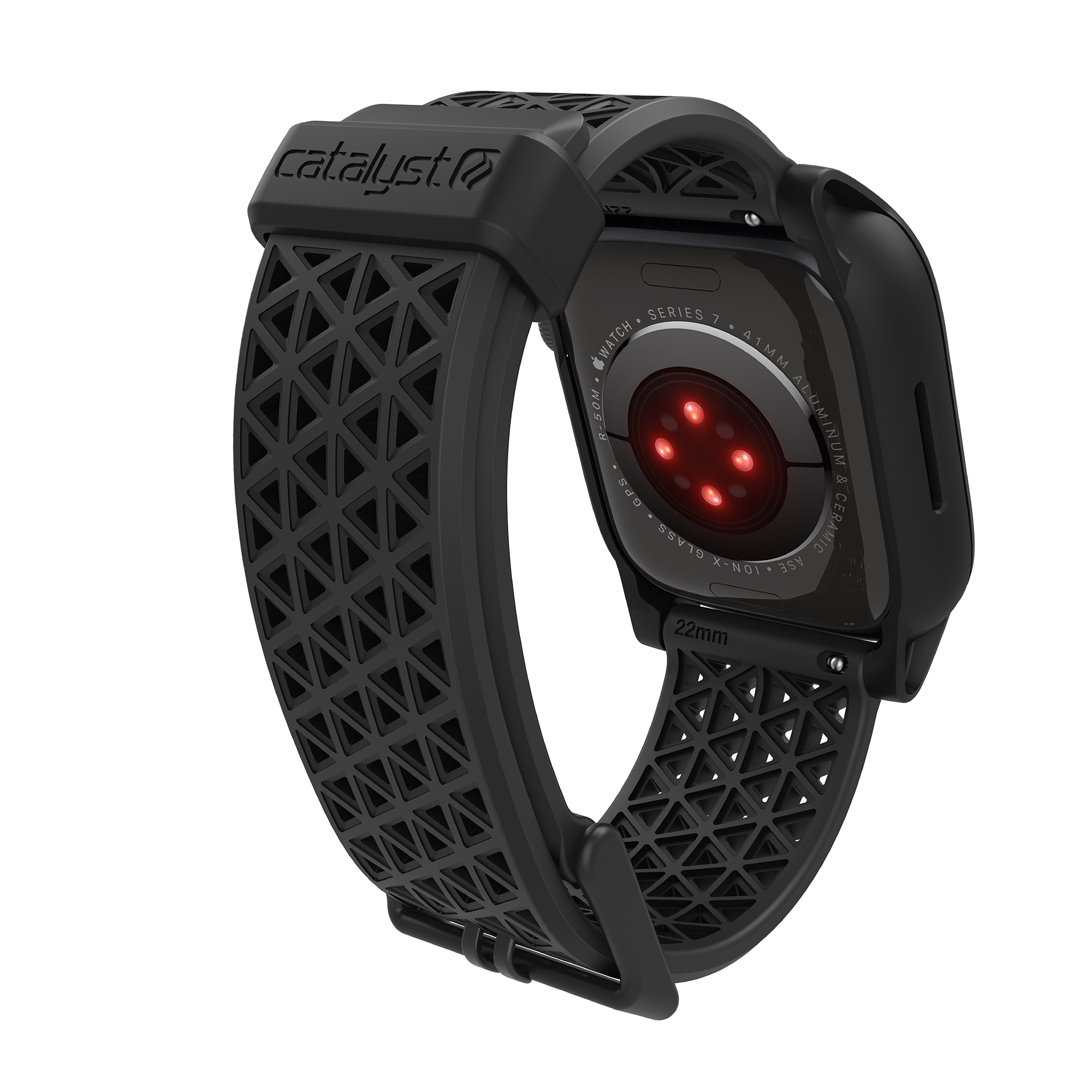 Eine schwarze Catalyst Apple Watch mit rotem Sensorlicht auf der Rückseite und gemustertem Band.