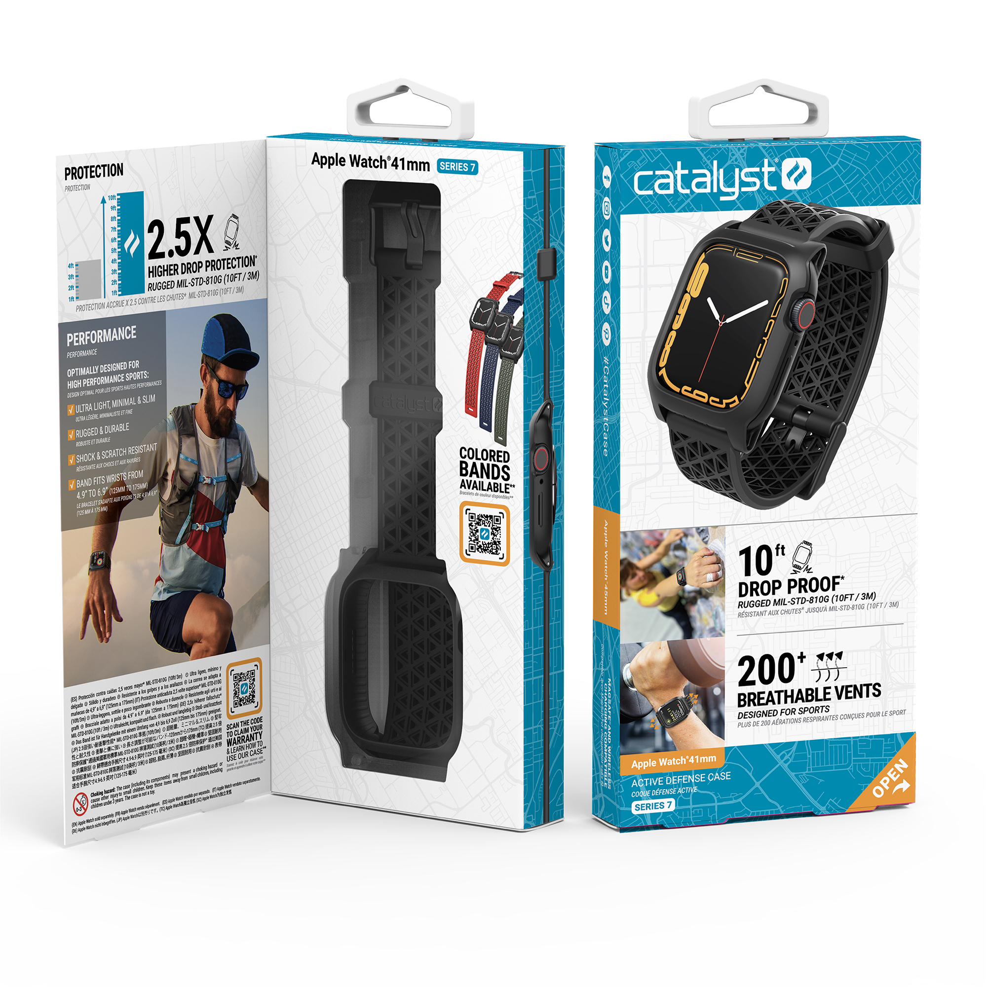 Verpackung der Catalyst Active Defense Case für Apple Watch mit Produktbildern und Spezifikationen.