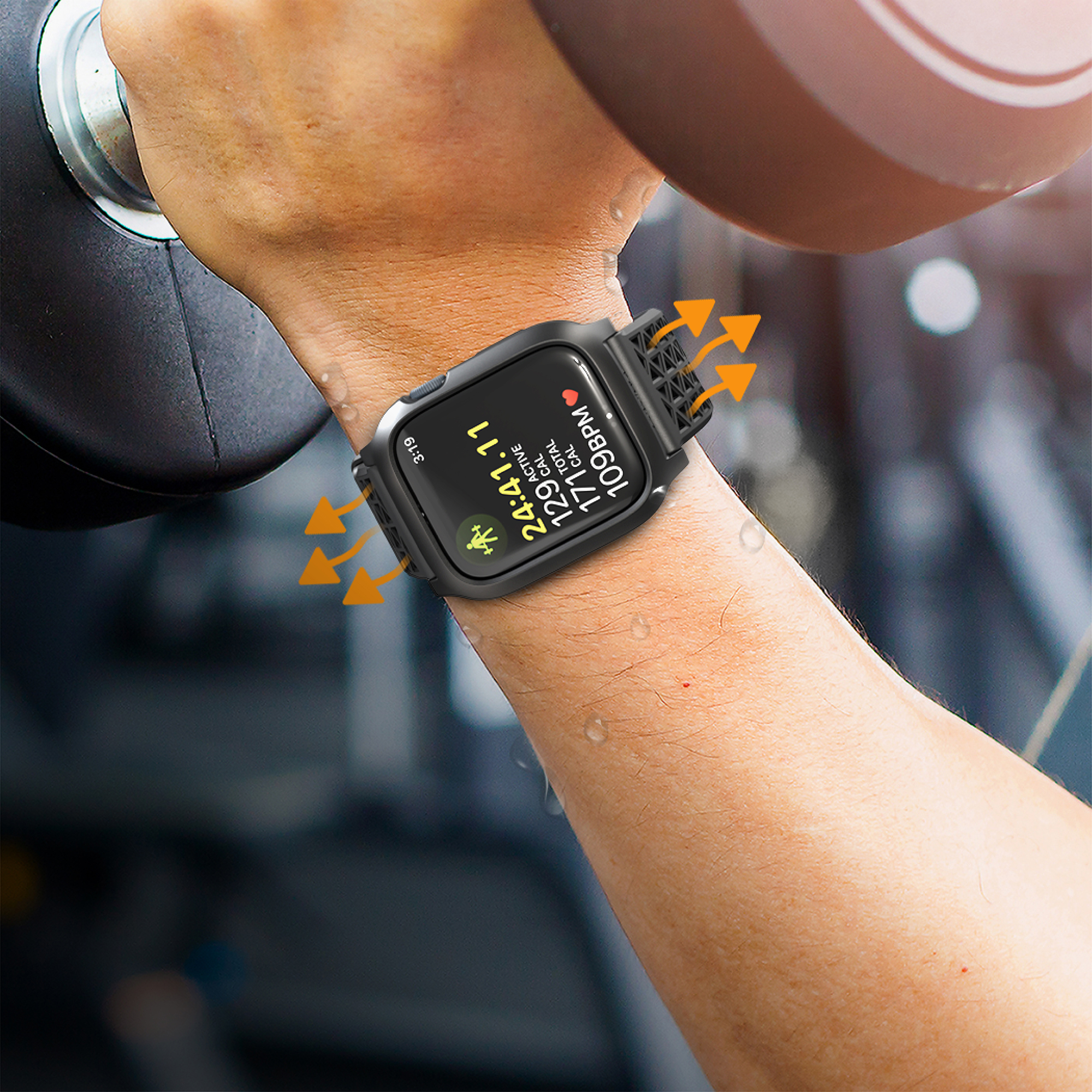 Person hebt Hantel; schwarze Smartwatch am schweißnassen Handgelenk mit Belüftungspfeilen.