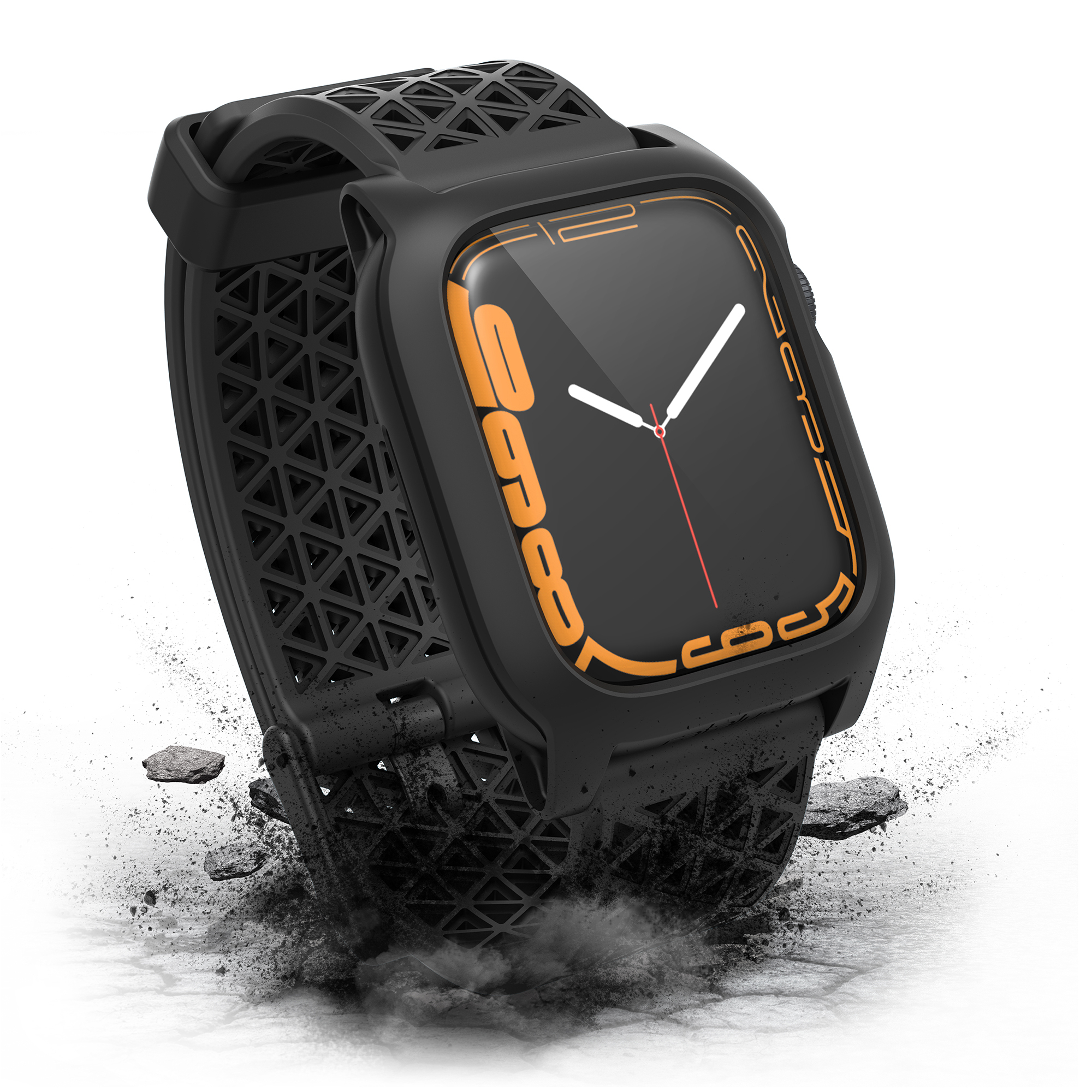 Eine schwarze Smartwatch mit gemustertem Armband schlägt auf eine rissige Oberfläche mit Staub vor weißem Hintergrund.