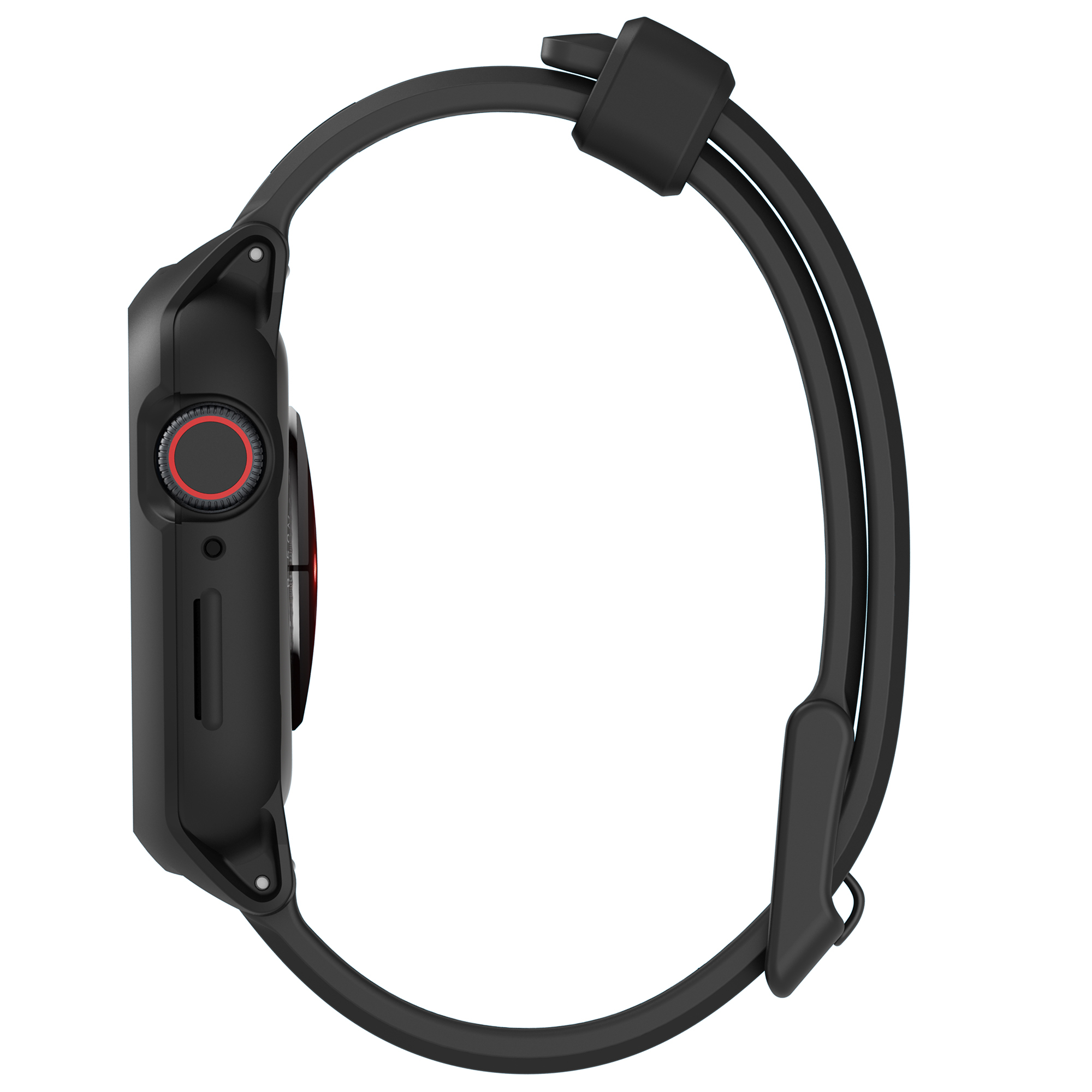Schwarze Smartwatch im Profil mit rot akzentuierter Krone.