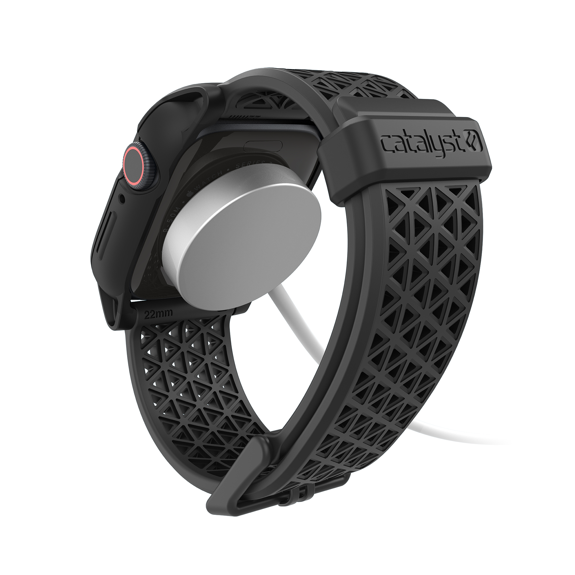 Schwarze Smartwatch in einem Case mit dreieckigem Muster und Ladeadapter auf der Rückseite.