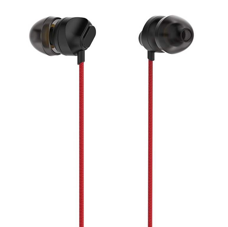 Ein Paar schwarze In-Ear-Kopfhörer mit geflochtenen roten Kabeln vor einem schlichten weißen Hintergrund.