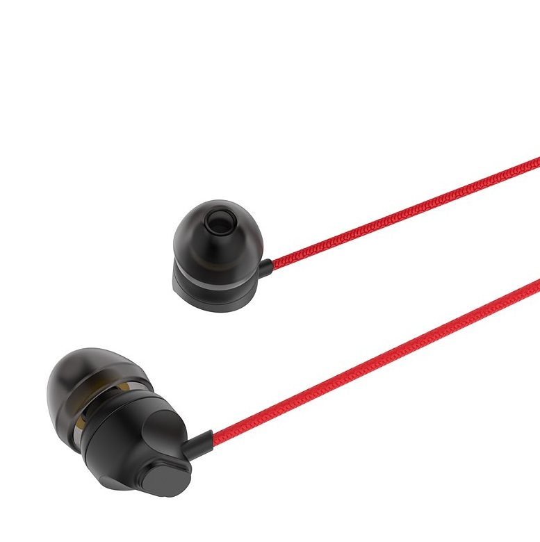 Schwarze In-Ear-Kopfhörer mit einem roten, geflochtenen Kabel vor weißem Hintergrund.