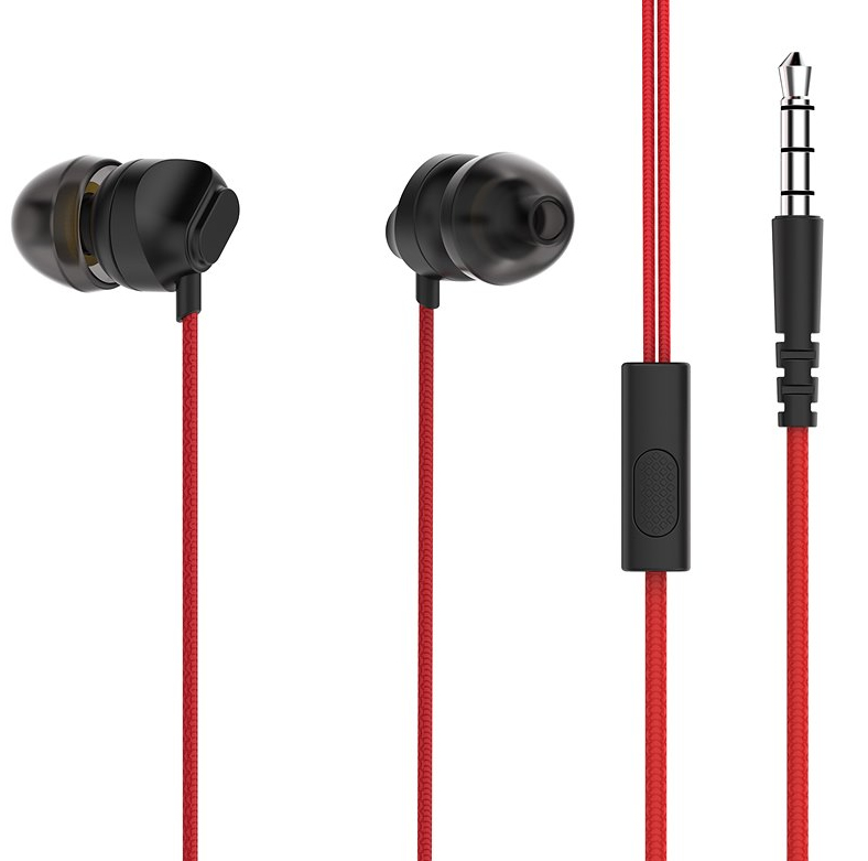 Schwarze In-Ear-Kopfhörer mit rotem Kabel, Inline-Fernbedienung und 3,5-mm-Klinkenstecker auf weißem Hintergrund.