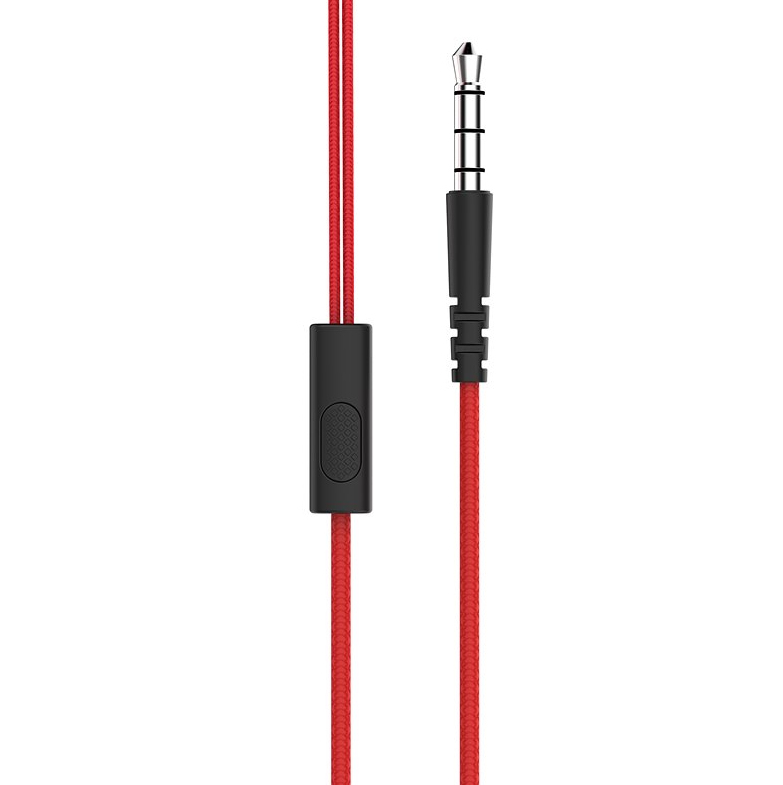 Rotes geflochtenes Audiokabel mit schwarzem Bedienteil und 3,5-mm-Klinkenstecker.