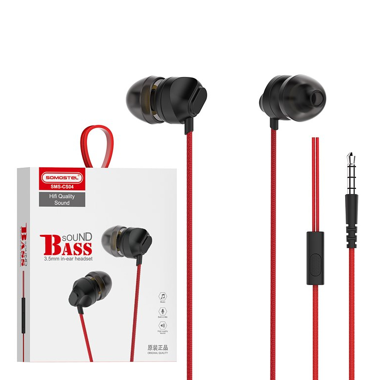 Schwarze In-Ear-Kopfhörer mit rotem Kabel und ihrer Verpackung.
