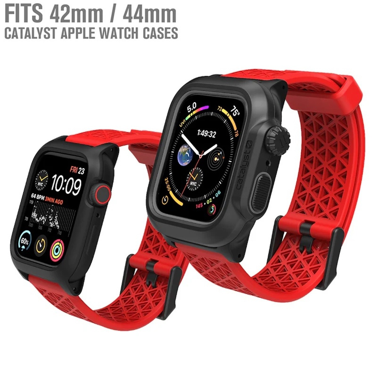 Zwei Catalyst Apple Watch Gehäuse in Schwarz mit roten, gemusterten Armbändern vor weißem Hintergrund.