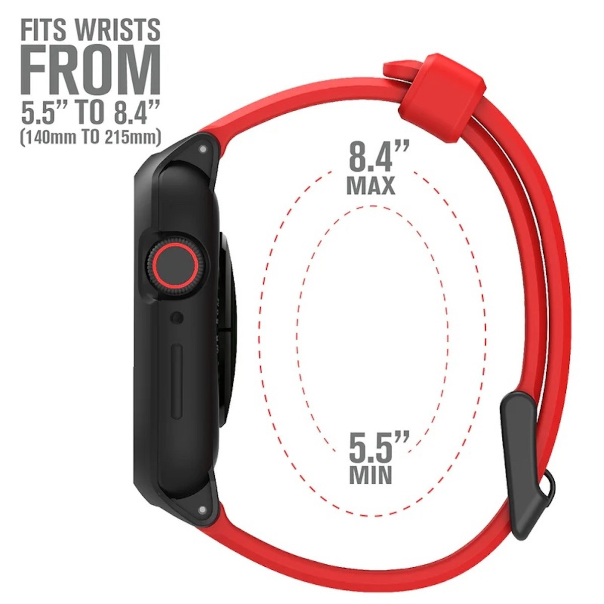 Schwarze Smartwatch mit rotem Band und Text über die Passform für Handgelenke von 5,5 bis 8,4 Zoll.