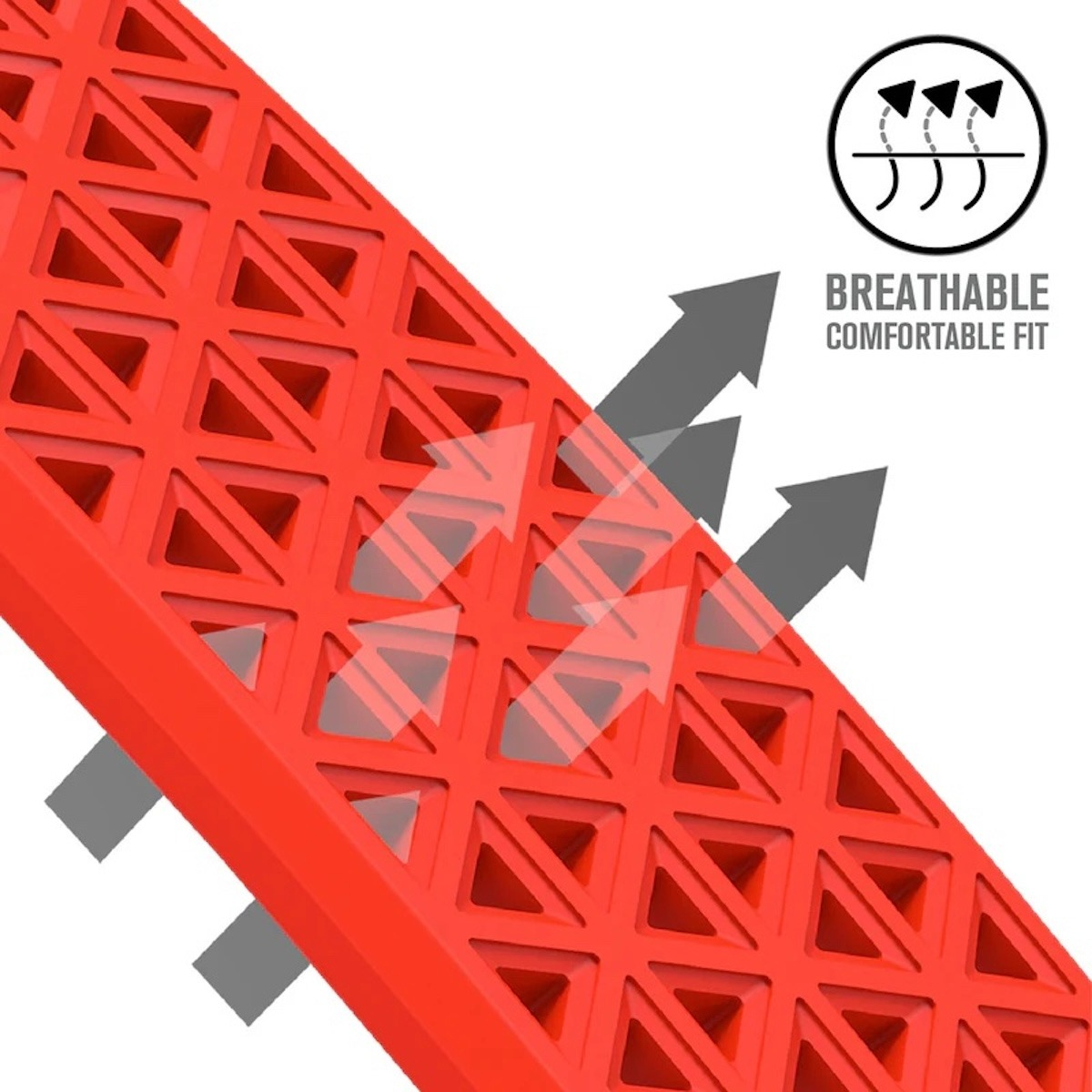 Rotes Mesh-Material mit geometrischem Muster zeigt aufsteigende Pfeile für atmungsaktiven Komfort.