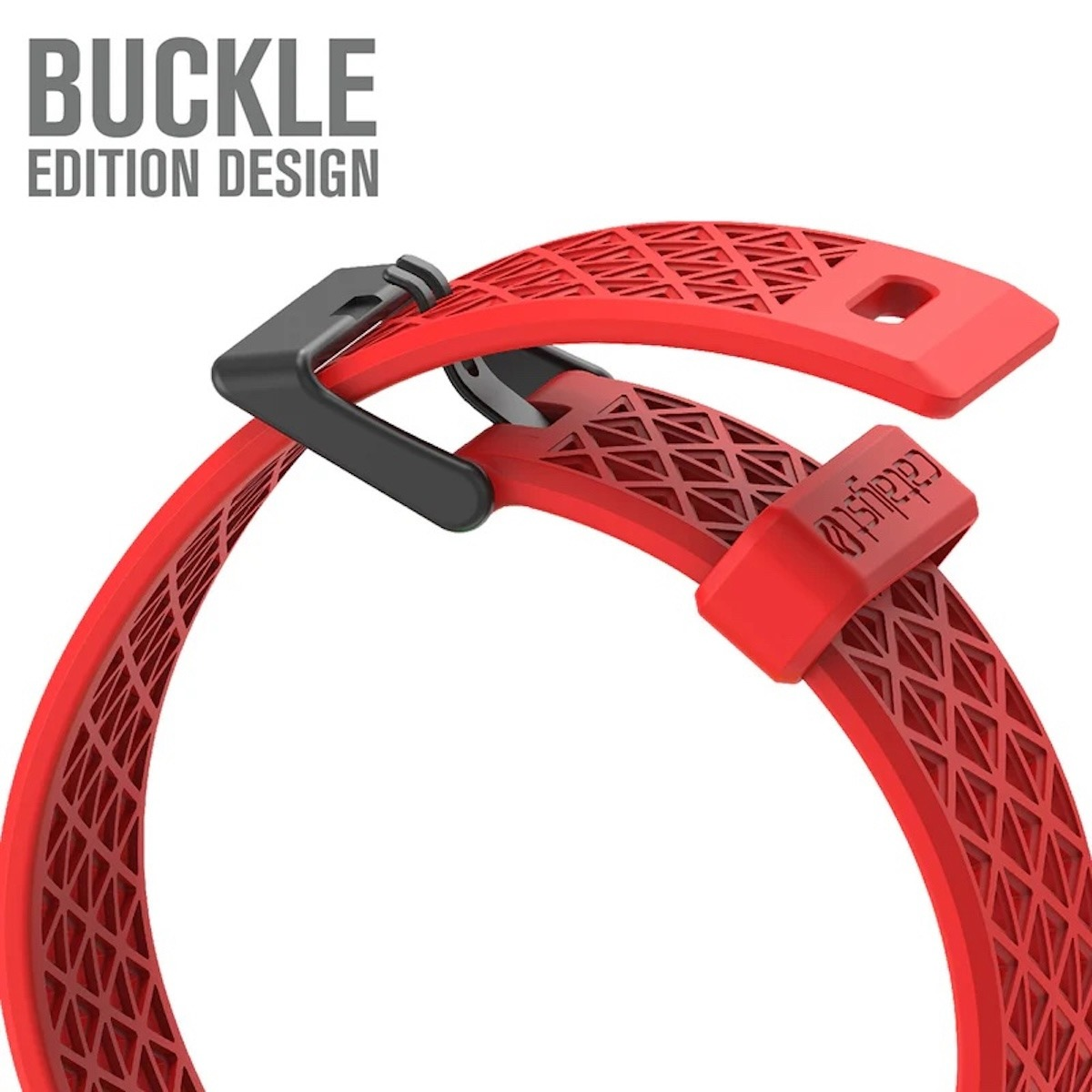 Rotes Silikonarmband mit schwarzer Schnalle und strukturiertem Rautenmuster.