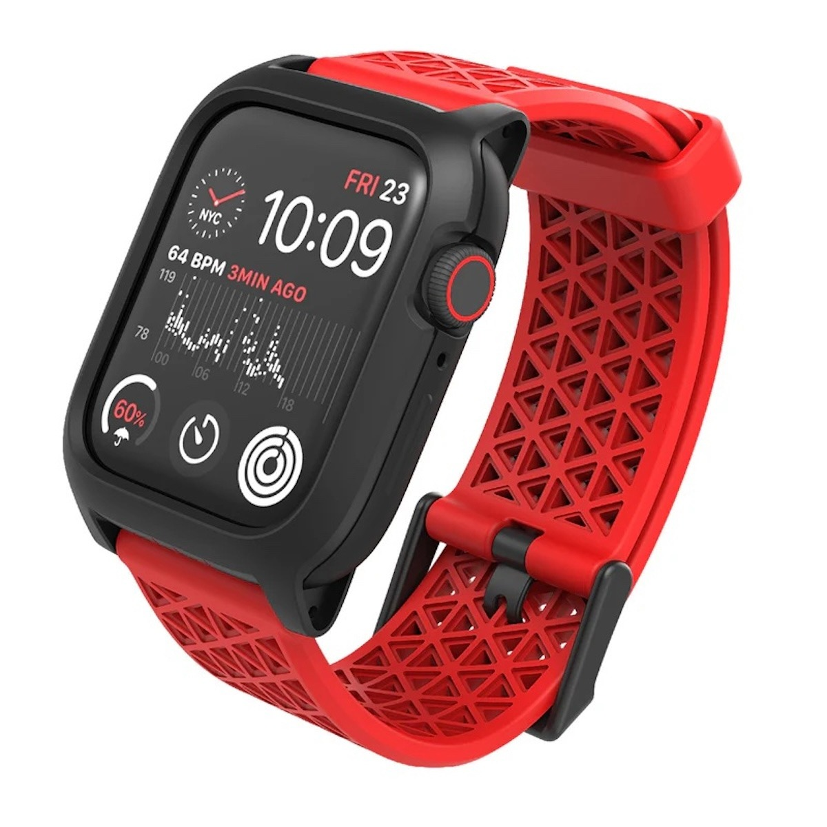 Eine Smartwatch mit schwarzem Gehäuse und rotem, strukturiertem Armband zeigt Daten auf dem Display.