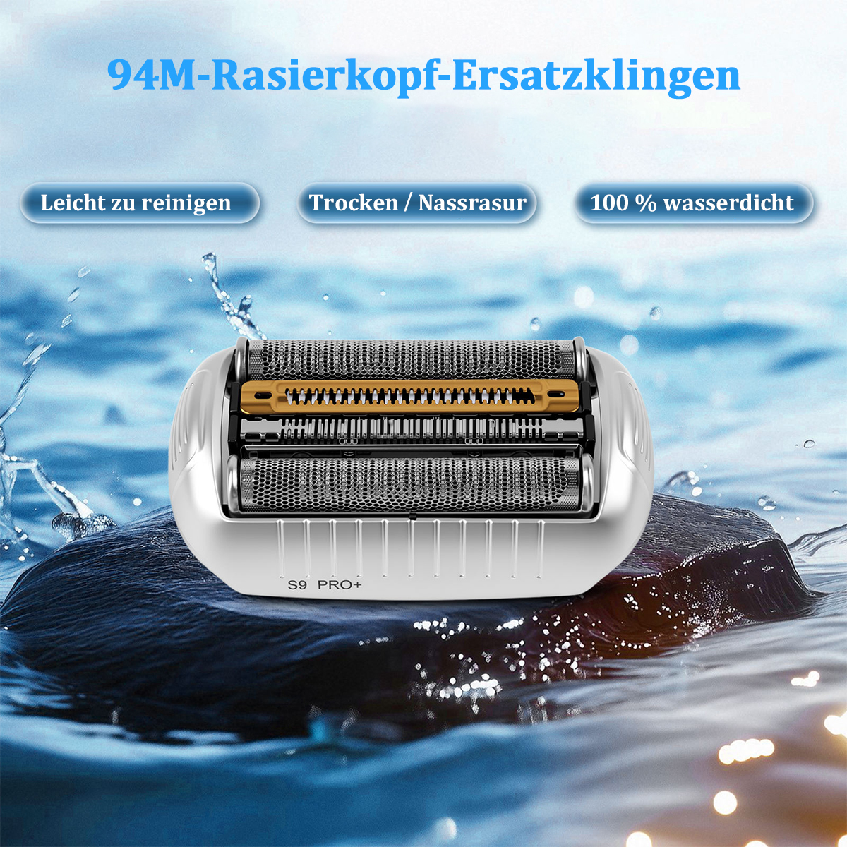 Rasierkopfersatzklingen auf einem Stein im Wasser mit deutschen Werbetexten.