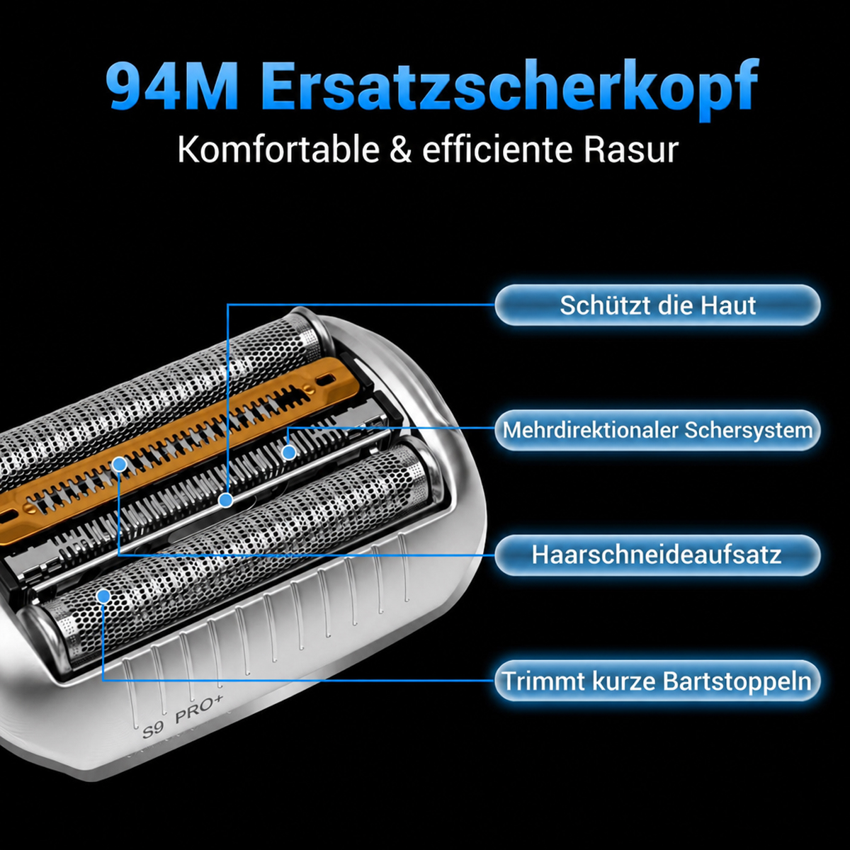 Nahaufnahme eines silbernen Rasierkopfes mit Produktmerkmalen auf schwarzem Hintergrund.